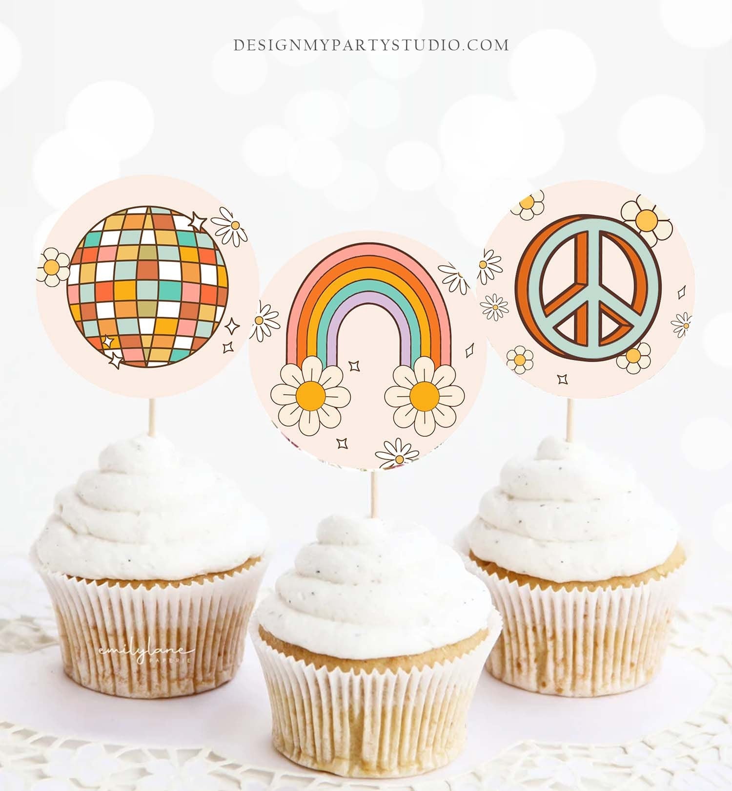 Retro Groovy Birthday Cupcake Toppers Favor Tags Retro Daisy Birthday Party Decor 2nd Flower Power Festival Download Digital PRINTABLE 0459