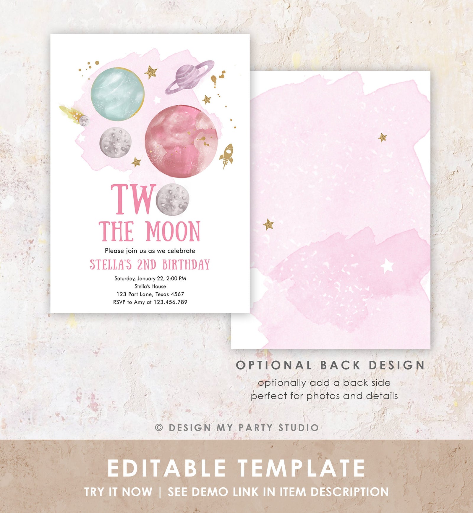 Editable Two the Moon 2nd Birthday Invitation Girl Pink Space Two The Moon Second Birthday Galaxy Download Corjl Template Printable 0357