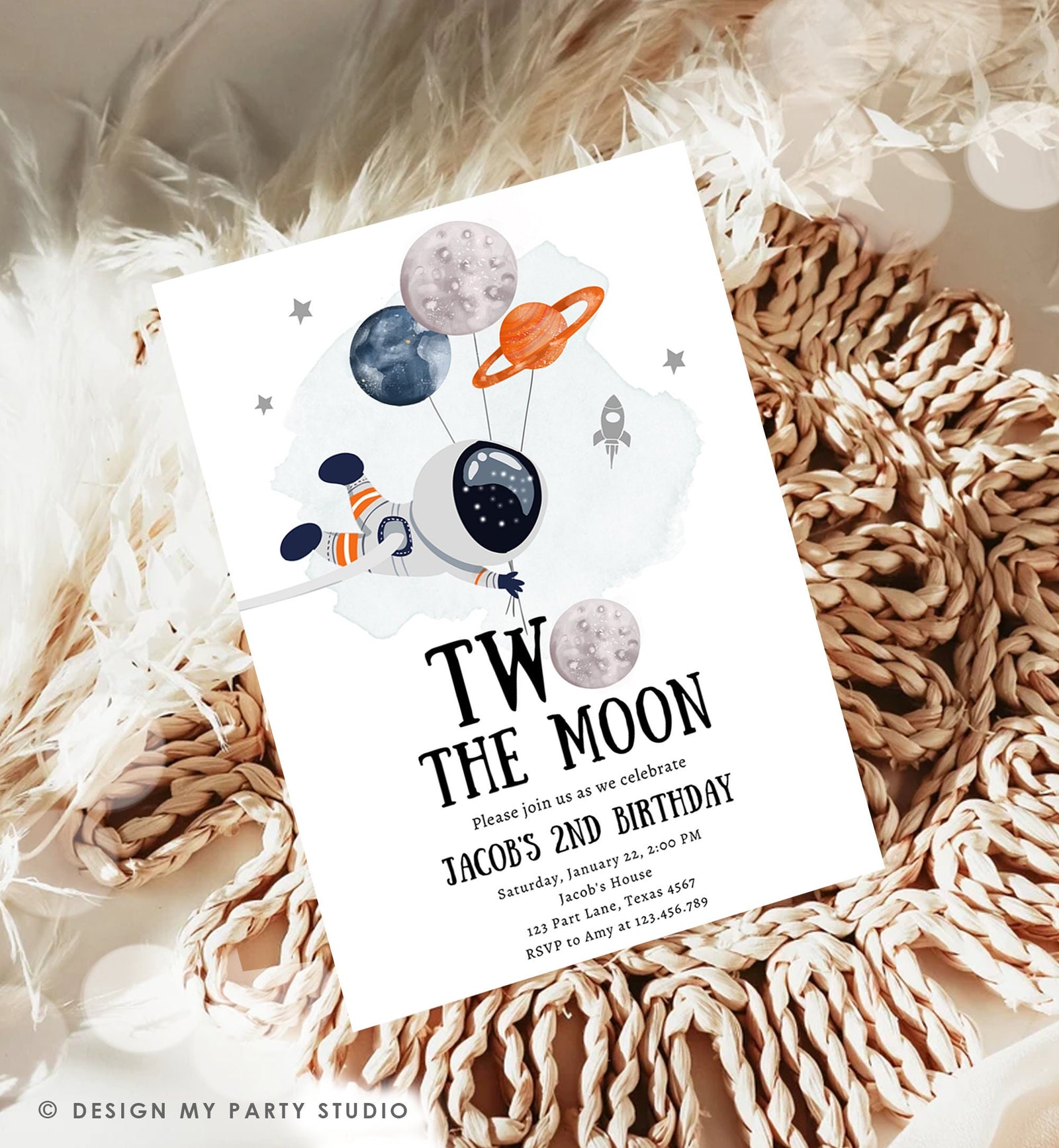 Editable Two the Moon Birthday Invitation Outer Space Boy Second 2nd Out of this World Astronaut Blue Orange Digital Template Printable 0366