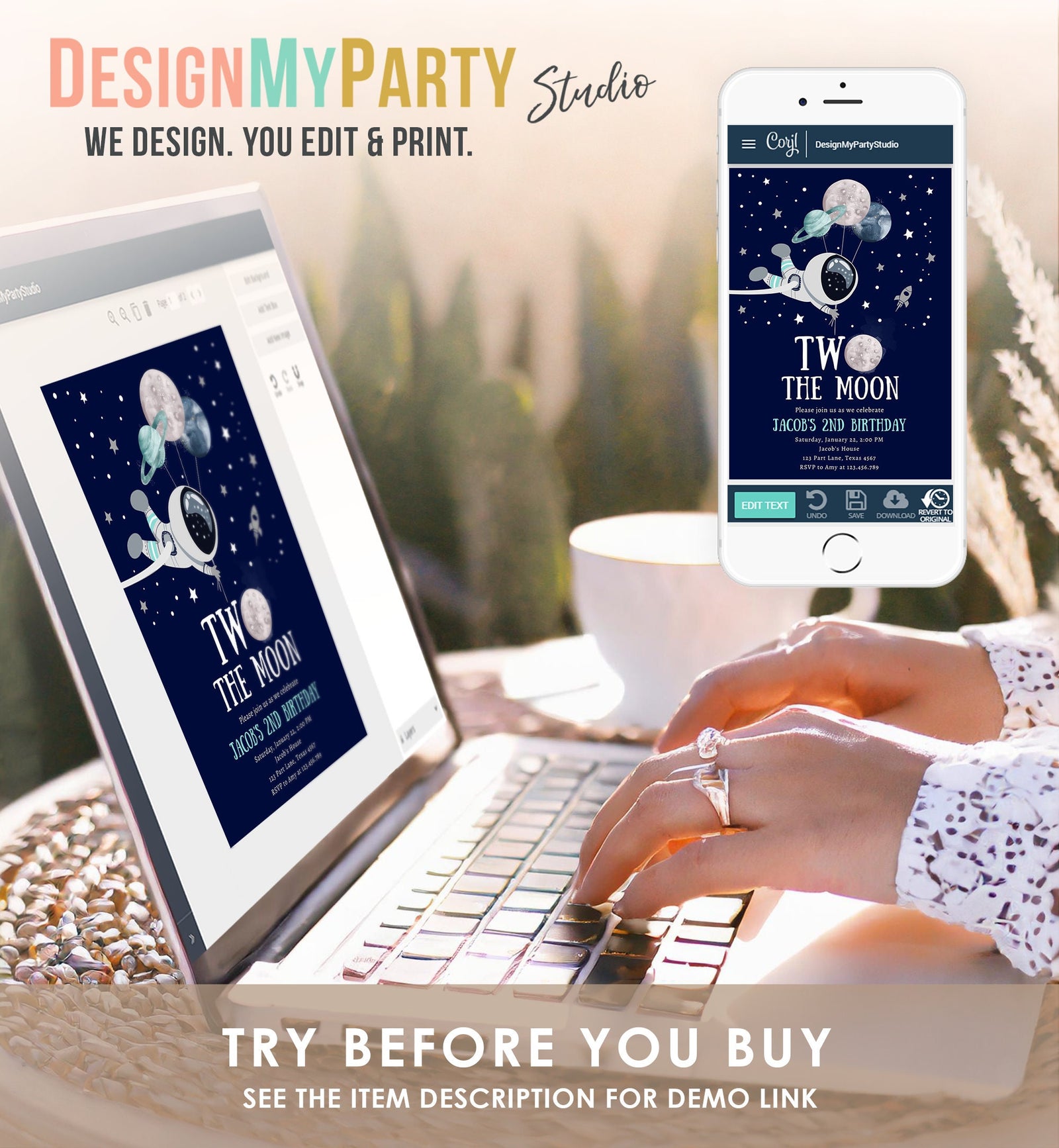 Editable Two the Moon Outer Space Birthday Invitation Out of this World Astronaut Blue Silver Boy Second 2nd Digital Template Printable 0366