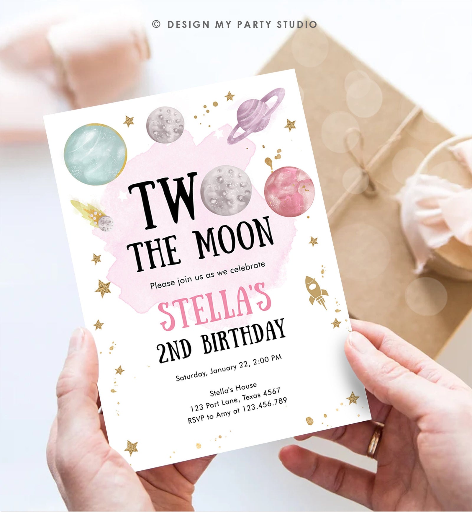 Editable Two the Moon Second Birthday Invitation Space Astronaut Love You to the Moon Galaxy 2nd Girl Digital Template Printable 0357