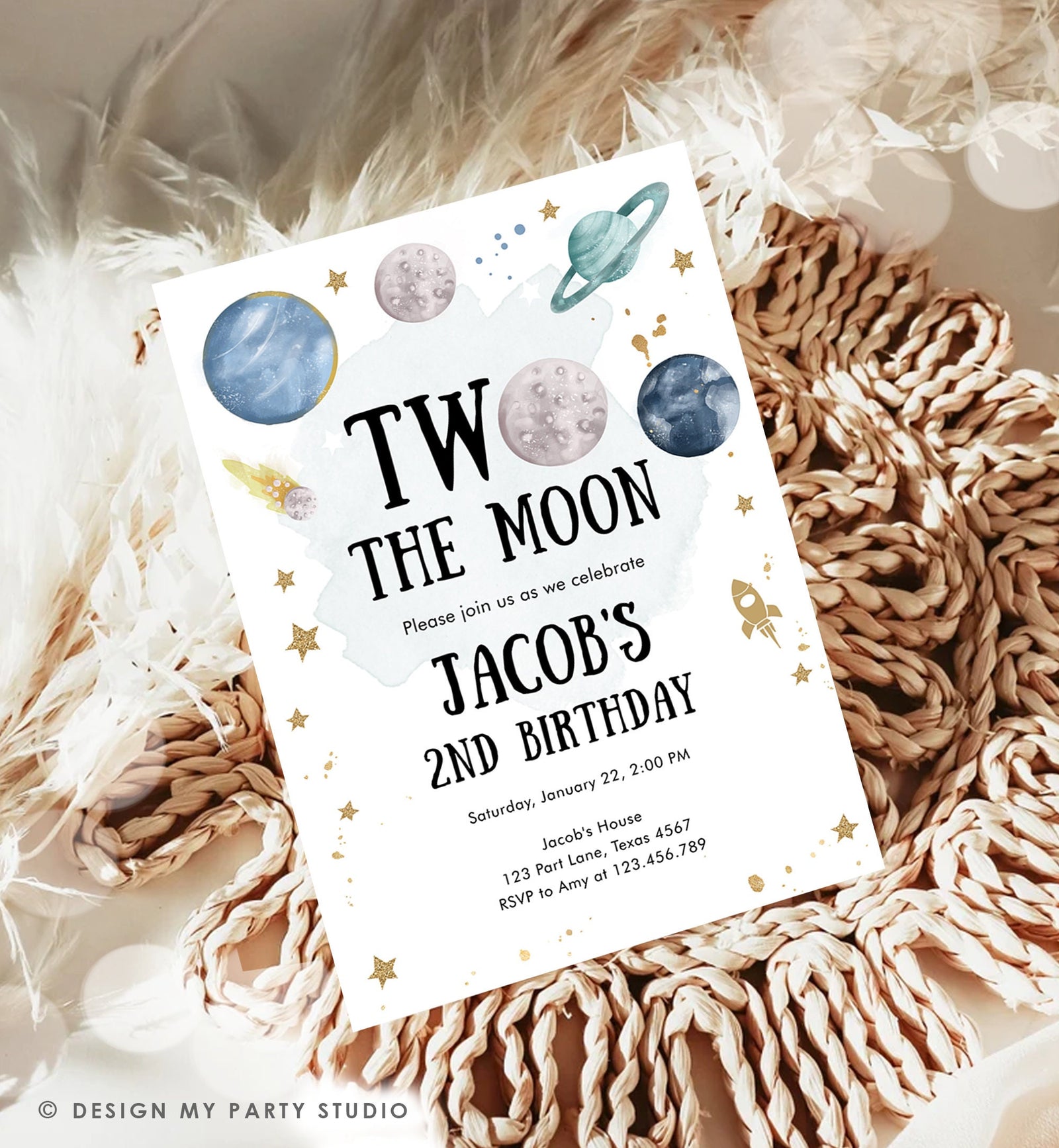 Editable Two the Moon Second Birthday Invitation Space Astronaut Planets Galaxy 2nd Boy Digital Download Evite Template Printable 0357
