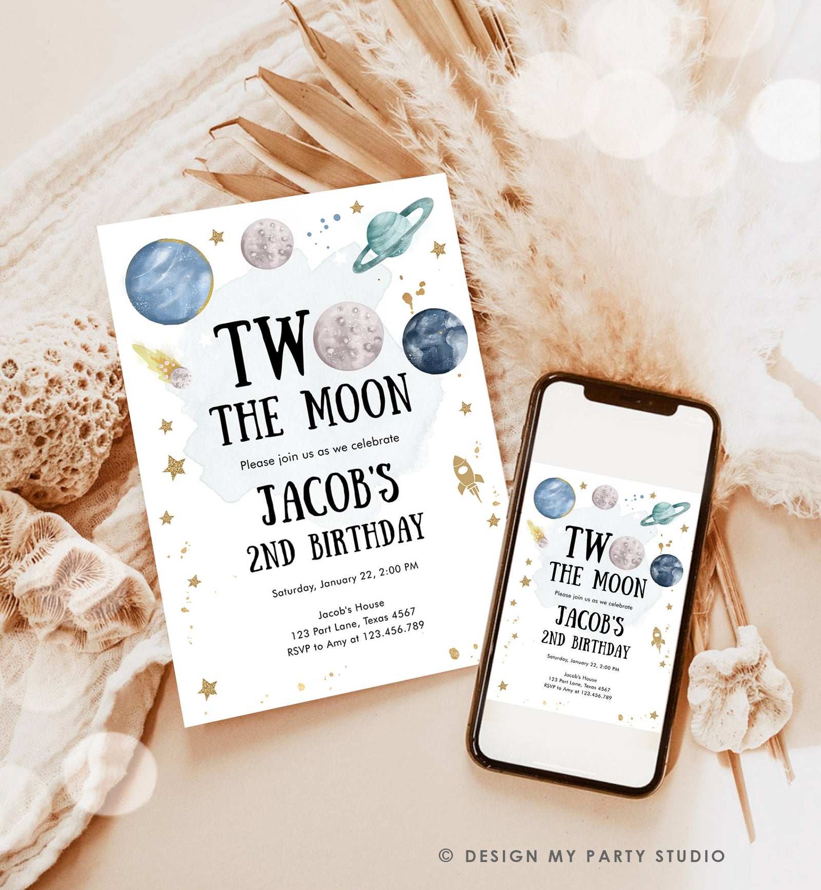 Editable Two the Moon Second Birthday Invitation Space Astronaut Planets Galaxy 2nd Boy Digital Download Evite Template Printable 0357