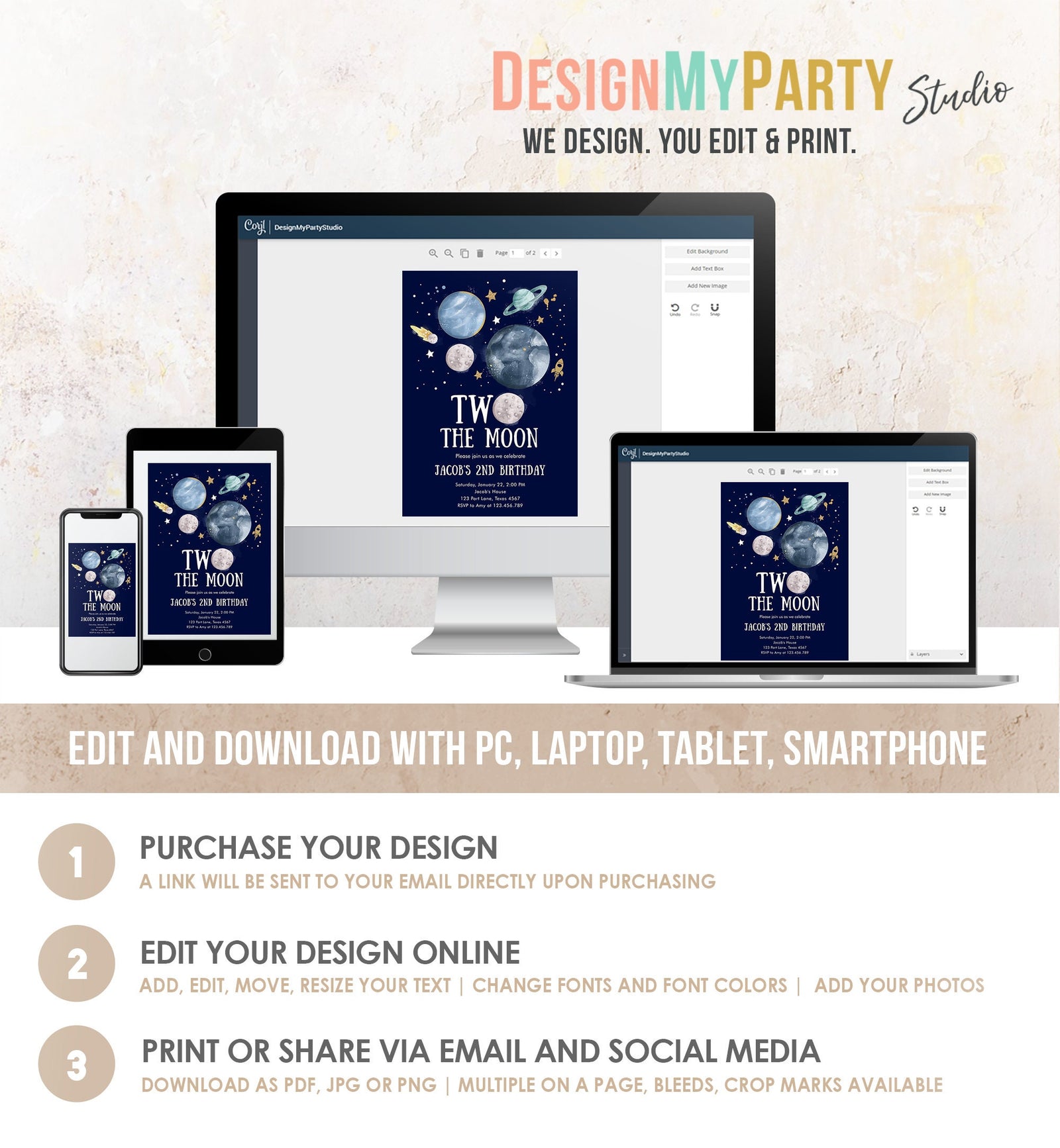 Editable Two the Moon 2nd Birthday Invitation Space Astronaut Planets Rocket Galaxy Digital Download Evite Template Printable 0357