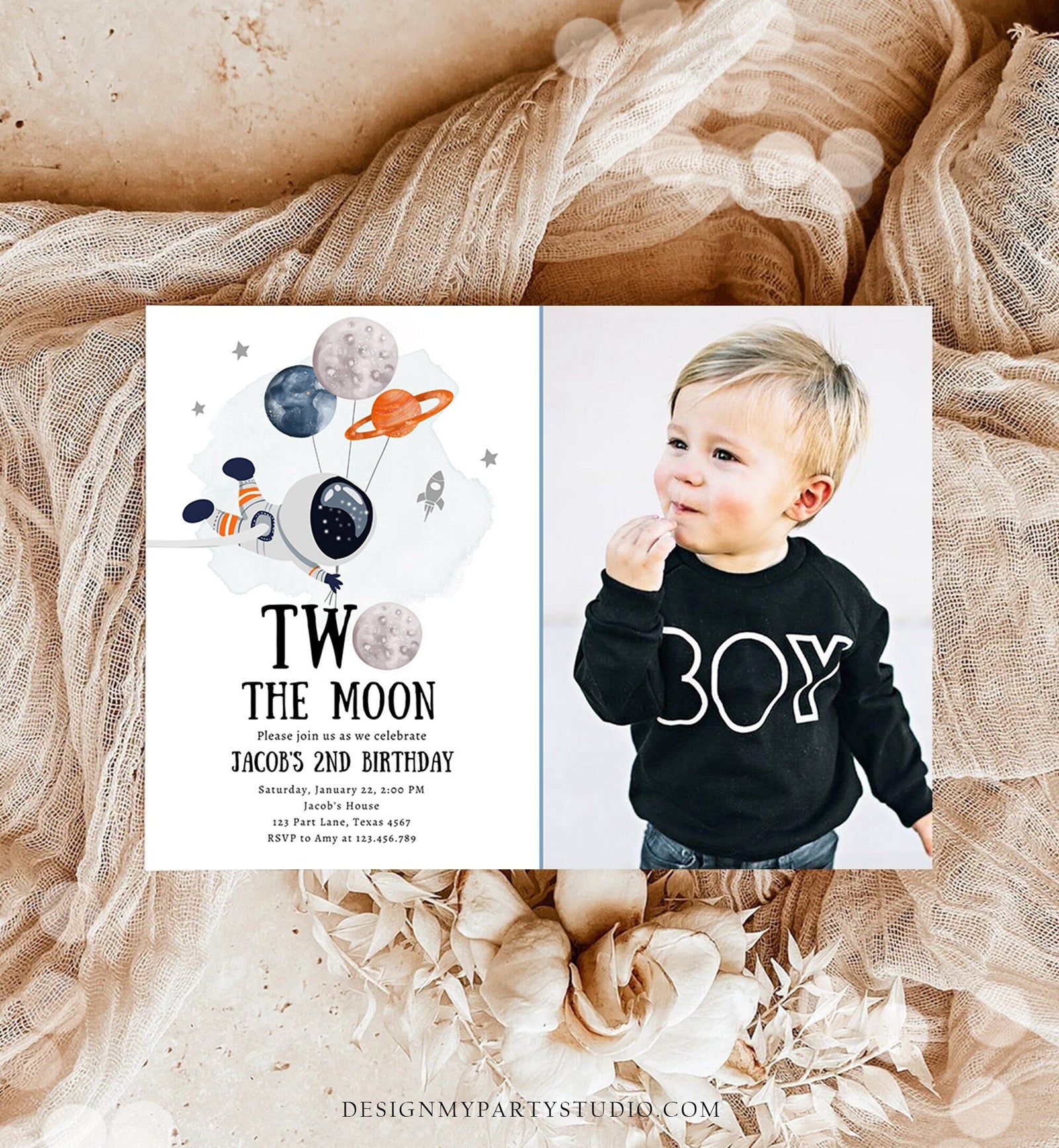 Editable Two the Moon Outer Space Birthday Invitation Out of this World Astronaut Blue Orange Boy Second 2nd Digital Template Printable 0366