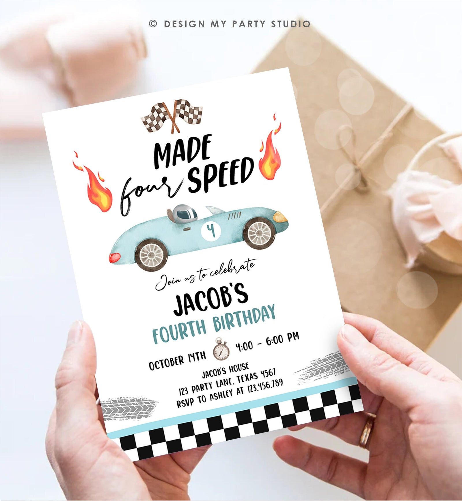 Editable Made Four Speed Race Car Fourth Birthday Invitation Boy Blue 4th Birthday Racing Party Made 4 Speed Digital Template Printable 0424