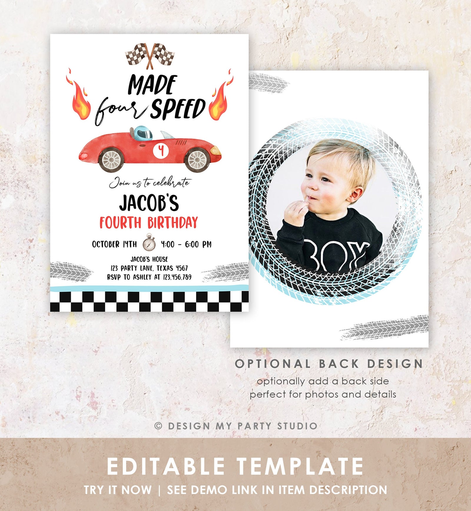 Editable Made Four Speed Race Car Fourth Birthday Invitation Boy Red 4th Birthday Racing Party Made 4 Speed Digital Template Printable 0424