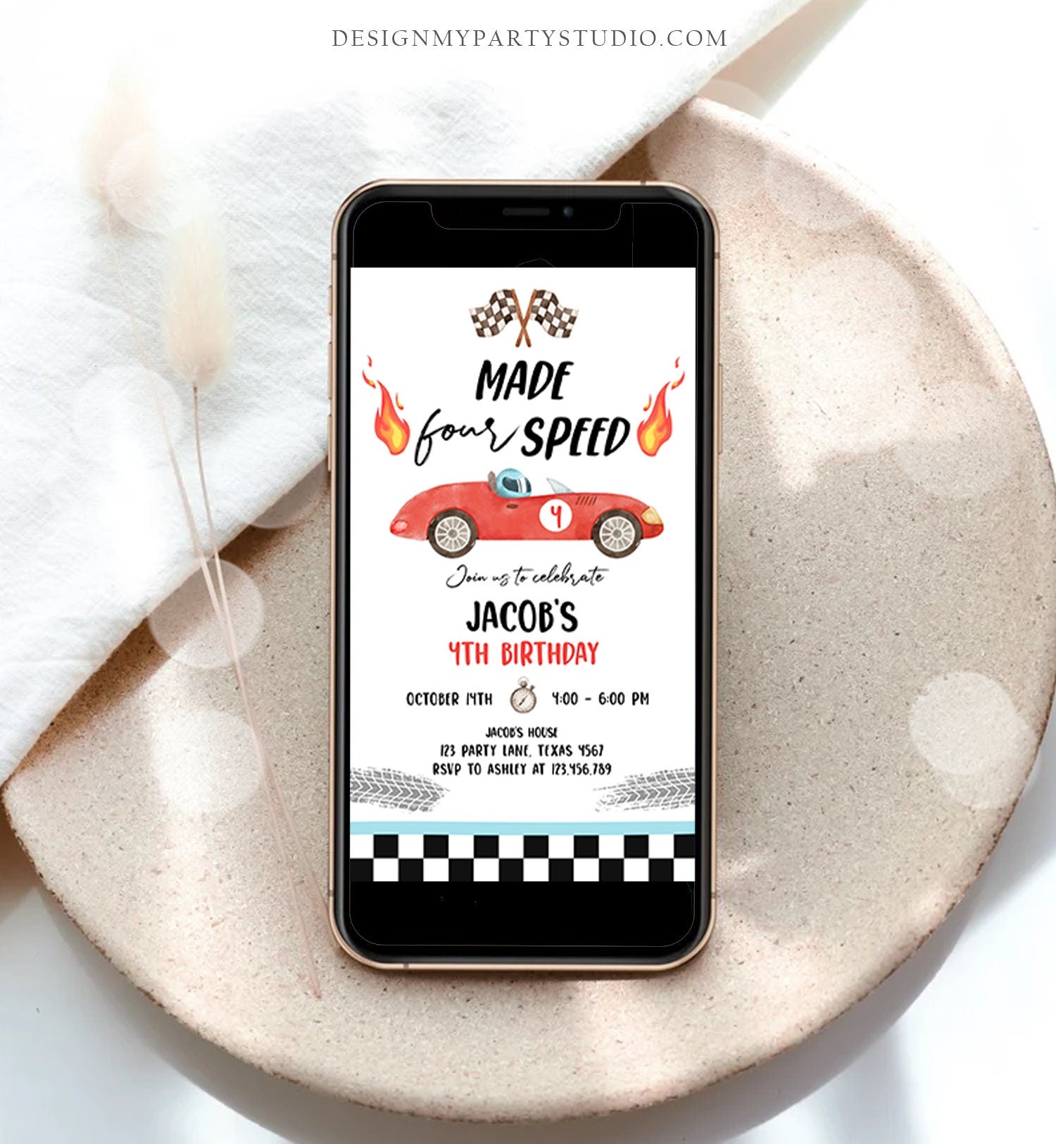 Editable Made Four Speed Race Car Fourth Birthday Invitation Boy Red 4th Birthday Racing Evite Made 4 Speed Digital Template Printable 0424