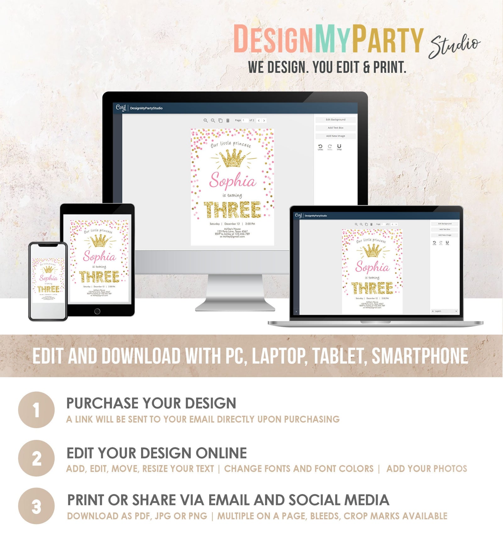 Editable Little Princess Birthday Invitation Girl Pink Gold Third Birthday 3rd ANY AGE Confetti Crown Download Corjl Template Printable 0047