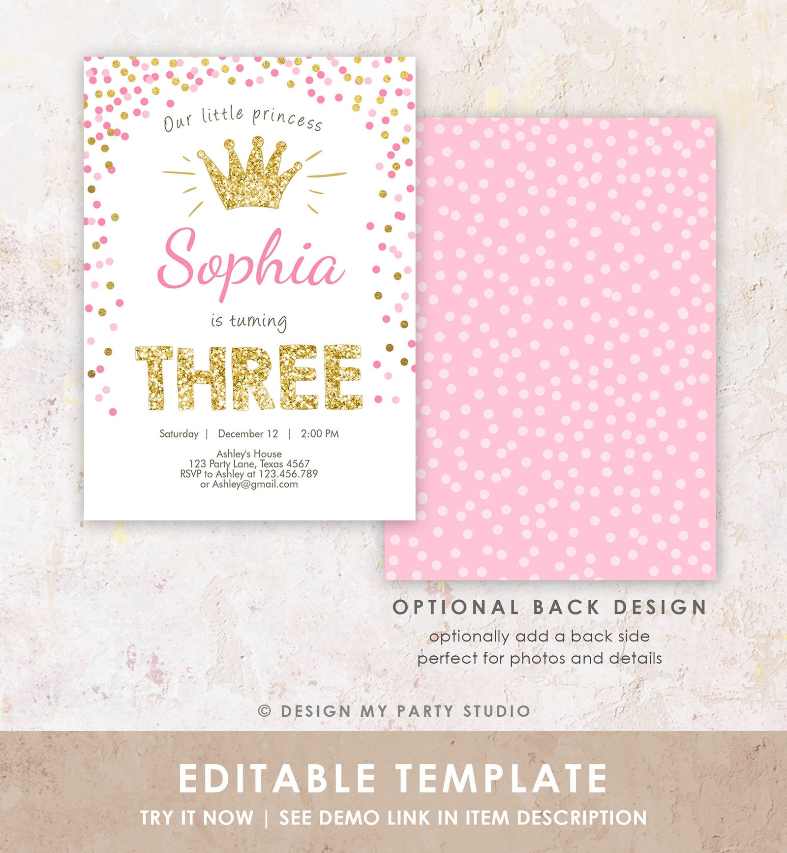 Editable Little Princess Birthday Invitation Girl Pink Gold Third Birthday 3rd ANY AGE Confetti Crown Download Corjl Template Printable 0047