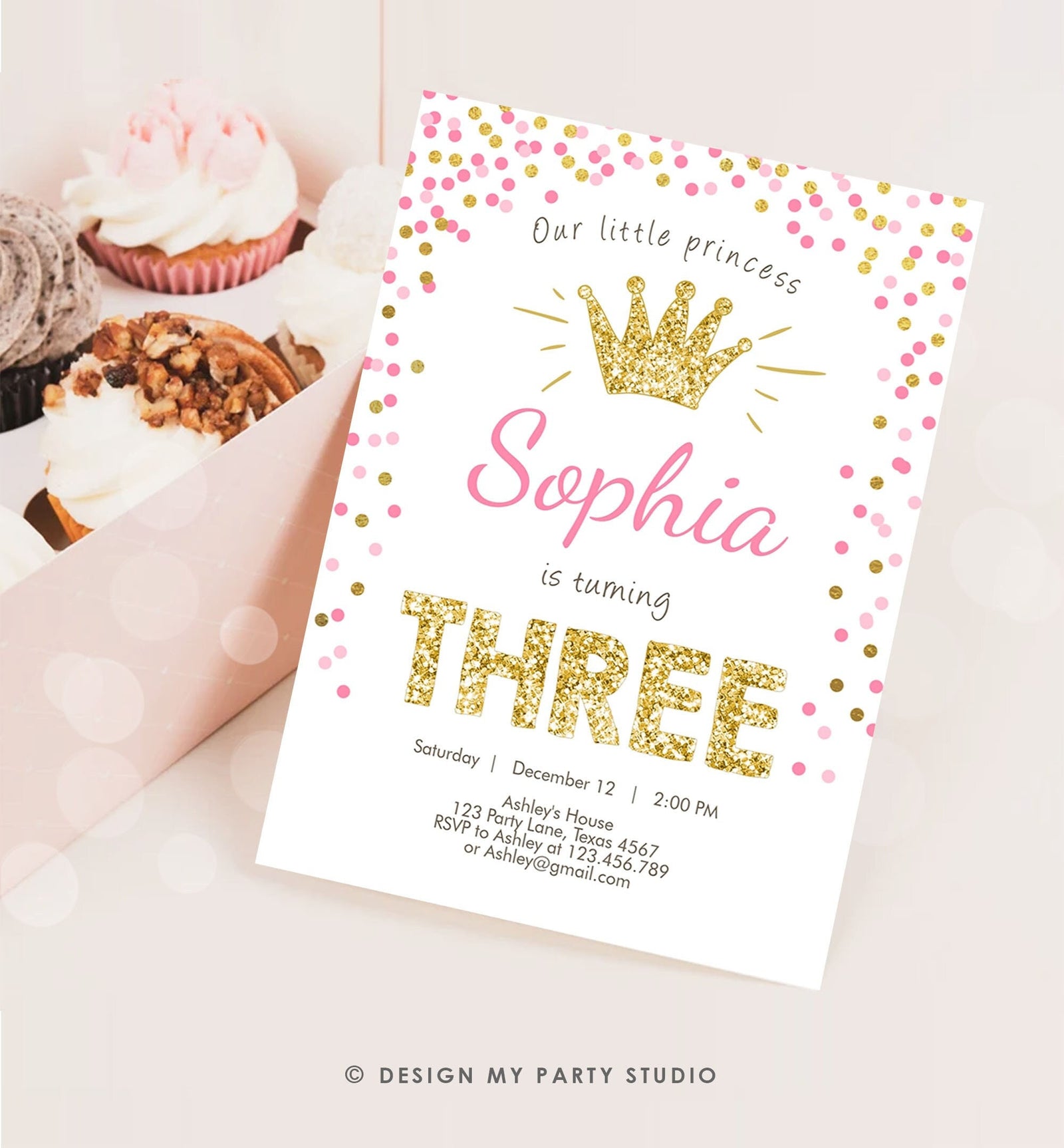 Editable Little Princess Birthday Invitation Girl Pink Gold Third Birthday 3rd ANY AGE Confetti Crown Download Corjl Template Printable 0047