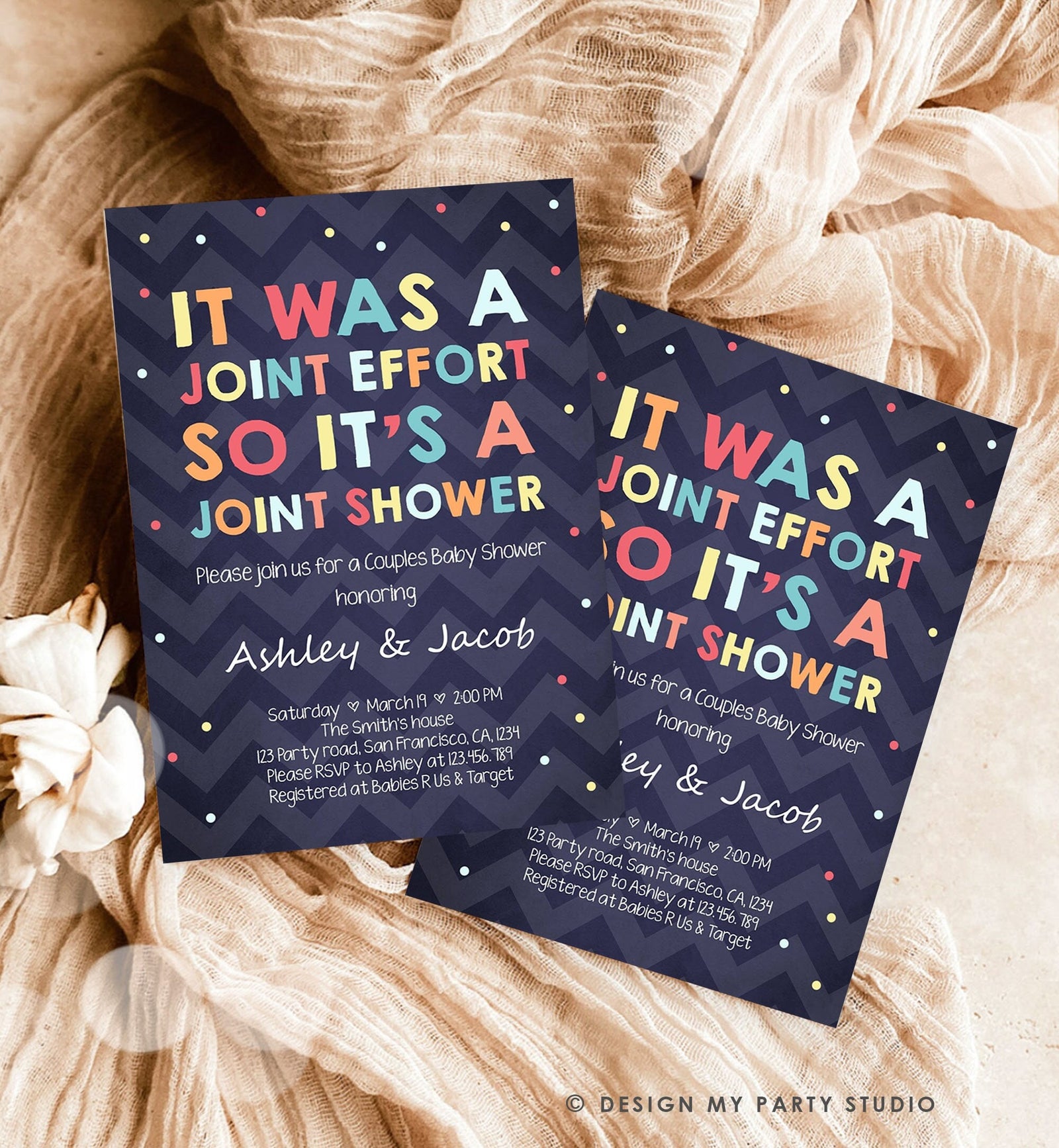 Editable Couples Baby Shower Invitation Coed Baby Shower Joint Funny Navy Confetti Neutral Digital Download Template Printable 0181