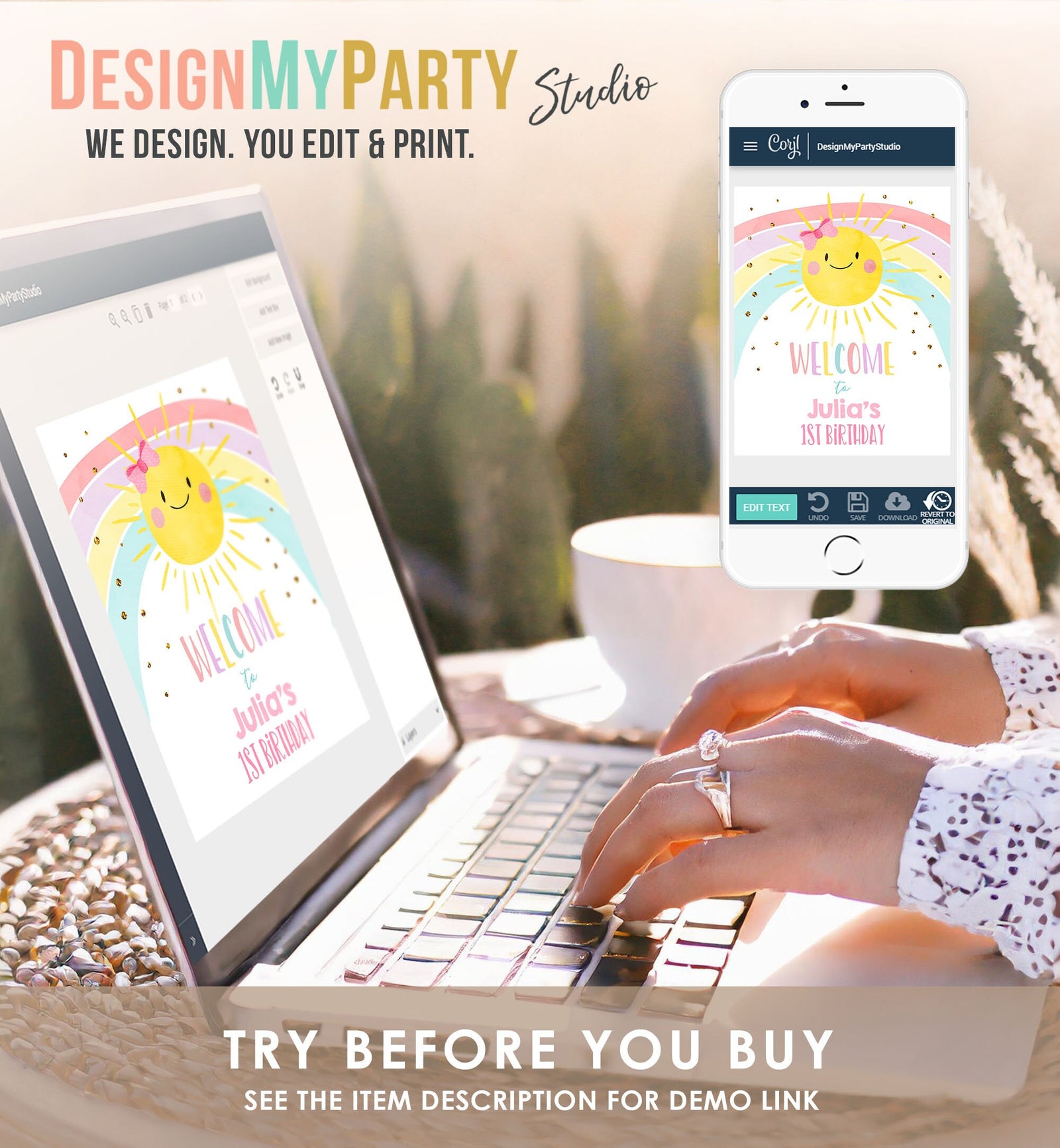 Editable Sunshine and Rainbow Welcome Sign Sunshine Birthday Party Pink Girl Pastel Rainbow Party Summer Gold Template PRINTABLE Corjl 0402