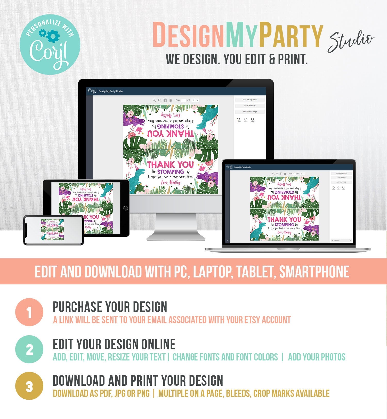 Editable Dinosaur Treat Bag Toppers Girl Pink Colored Dinosaur Birthday Thank You for Stomping By Favor Bag Corjl Template Printable 0146