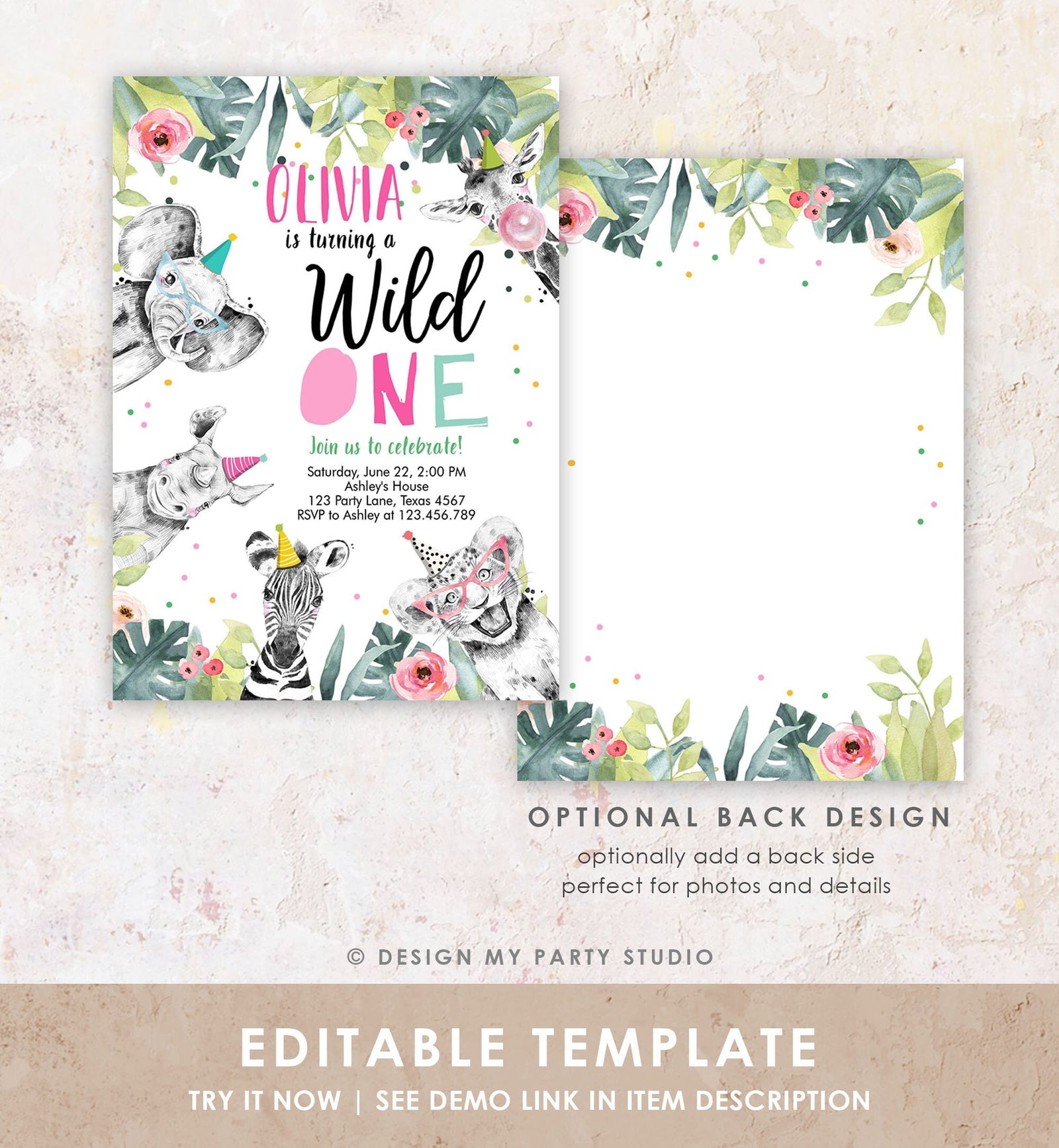 Editable Wild One Birthday Invitation Girl Safari Animals Invite Pink and Gold Party Animals Download Printable Template Corjl Digital 0322