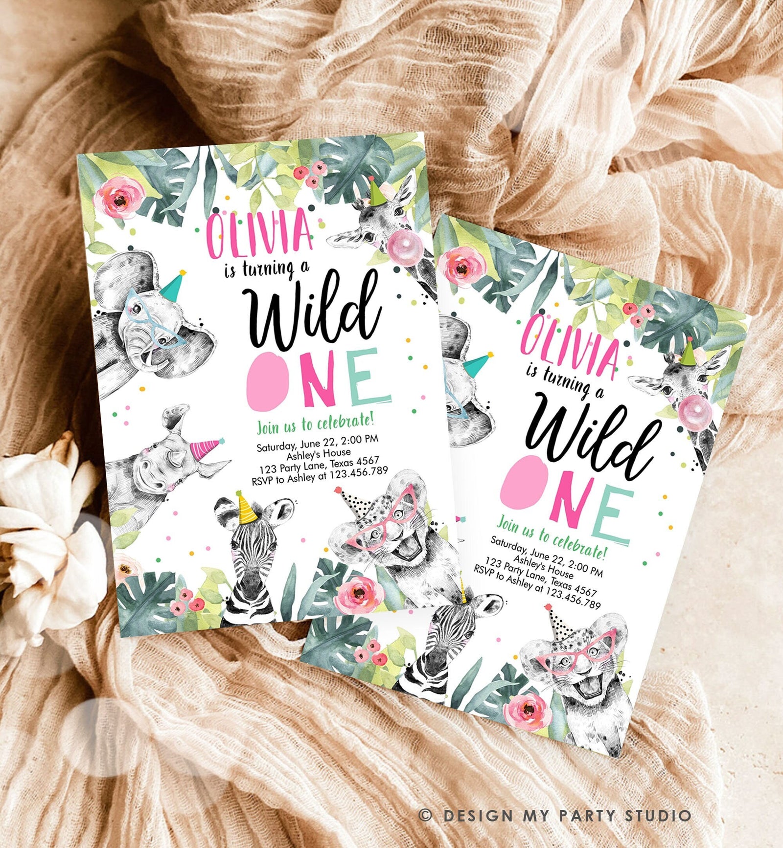 Editable Wild One Birthday Invitation Girl Safari Animals Invite Pink and Gold Party Animals Download Printable Template Corjl Digital 0322