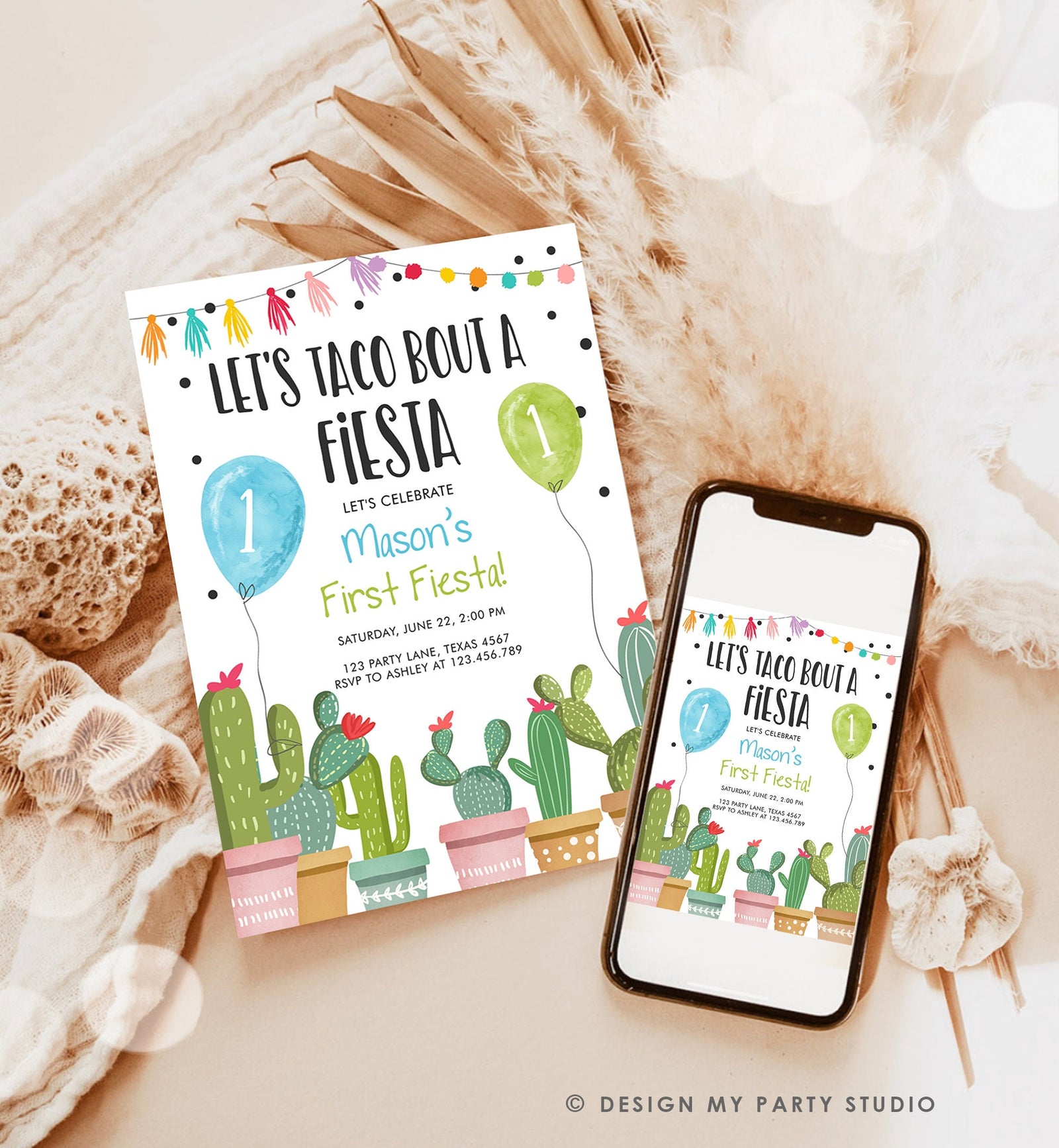 Editable Taco Bout a Fiesta Birthday Invitation ANY AGE Party Cactus Succulent 1st Birthday Mexican Boy First Fiesta Digital Template 0254