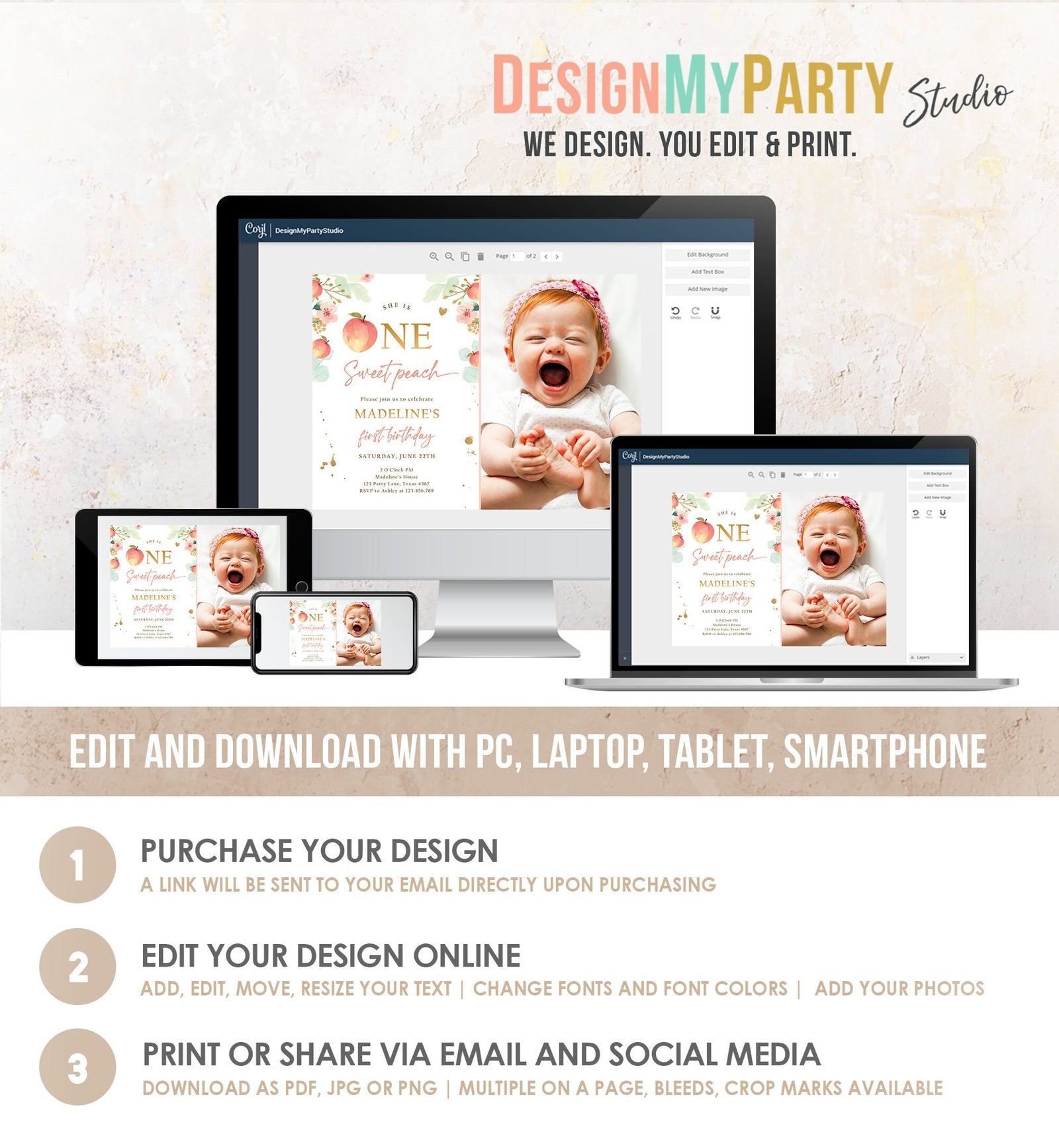 Editable One Sweet Peach First Birthday Invitation 1st Birthday Sweet Peach Girl Boho Peaches Digital Download Evite Template Printable 0401