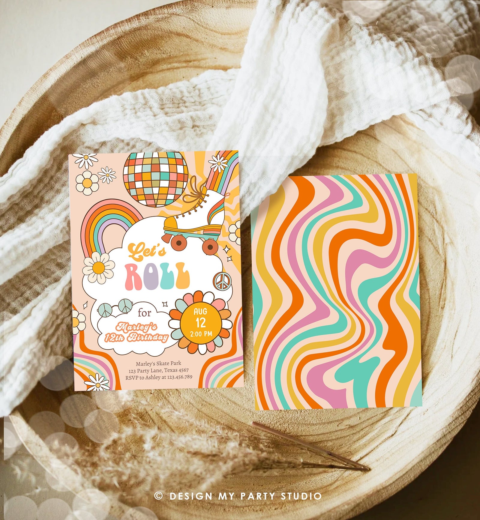 Editable Retro Roller Skate Birthday Party Invitation Let's Roll Skating Kids Rainbow 70's Skate Invite Download Template Corjl Digital 0459