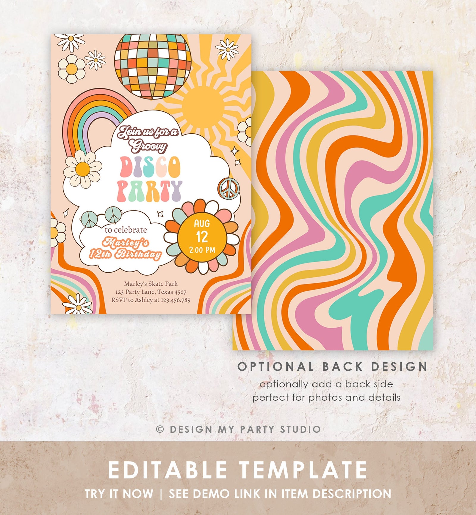 Editable Groovy Birthday Party Invitation Disco Party Birthday Hippie Boho Retro Flower Power 70's Girl Digital Template Printable 0459