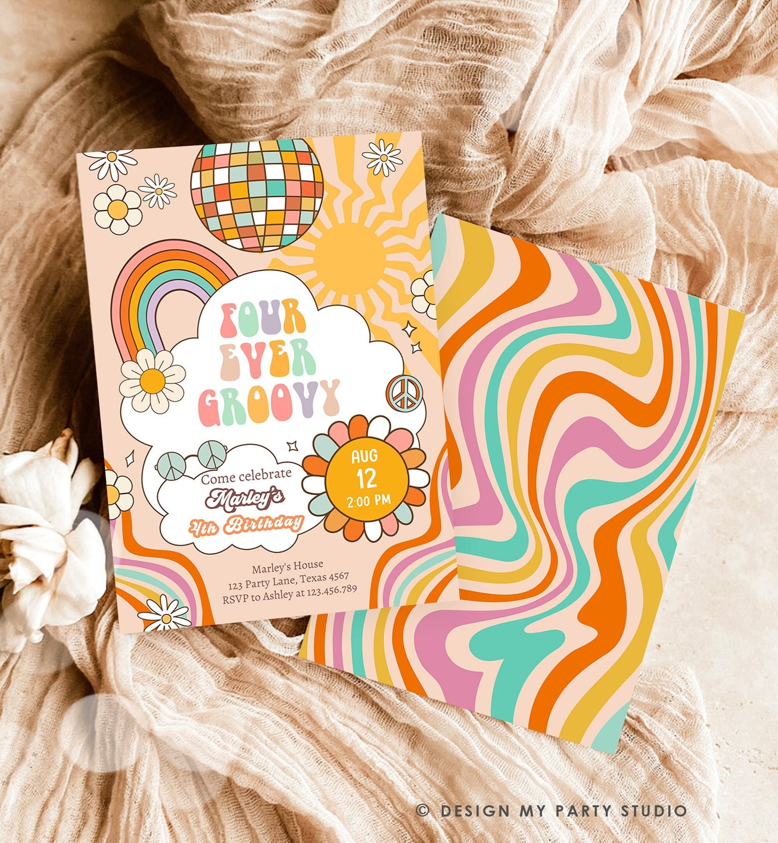 Editable Four ever Groovy Birthday Invitation 4th Birthday Retro Rainbow Peace Love Party Four Digital Download Template Printable 0459
