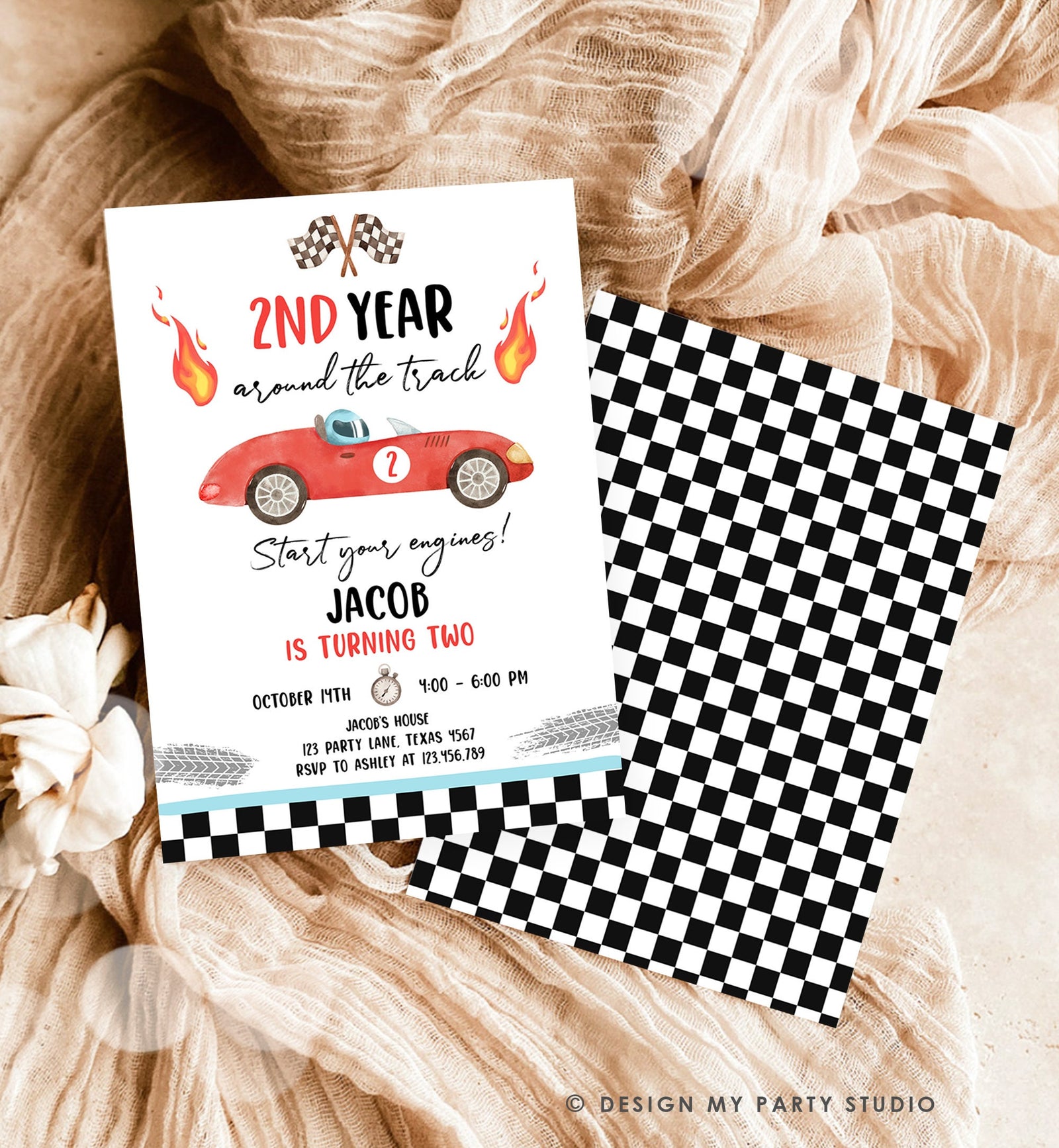 Editable 2nd Year Around the Track Birthday Invitation Boy Red Two Fast Party Race Car Second Birthday Racing Corjl Template Printable 0424