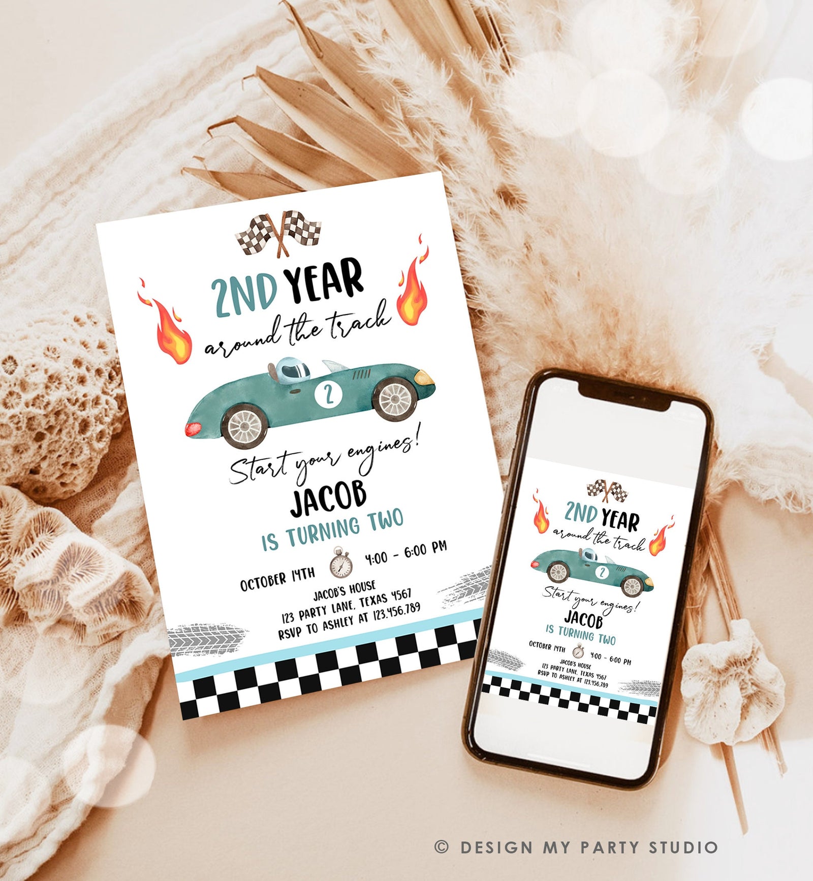 Editable 2nd Year Around the Track Birthday Invitation Boy Blue Green Two Fast Party Race Car Second Racing Digital Template Printable 0424