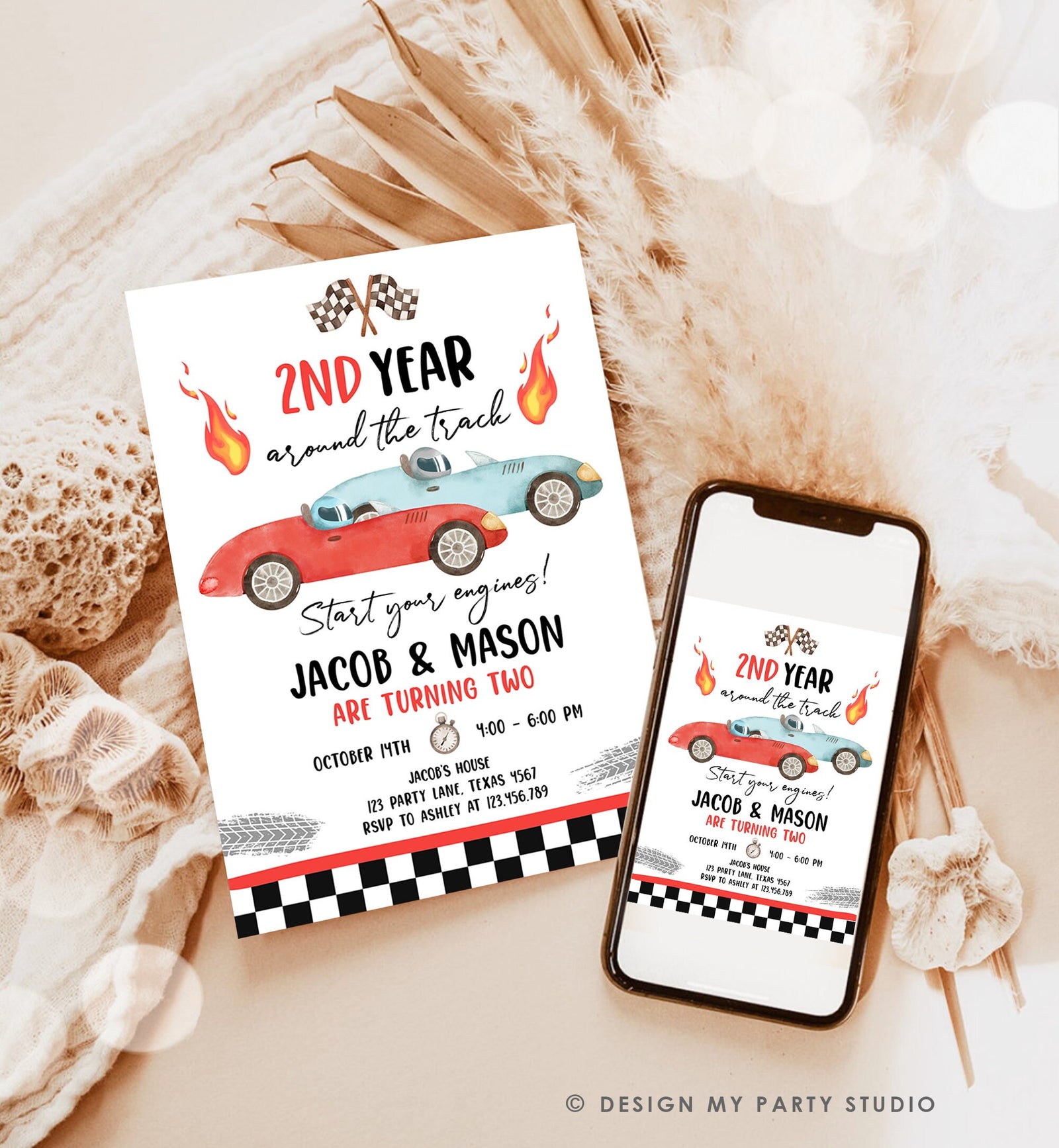 Editable 2nd Year Around the Track Birthday Invitation Twins Boys Red Two Fast Race Car Second Racing Digital Template Printable 0424