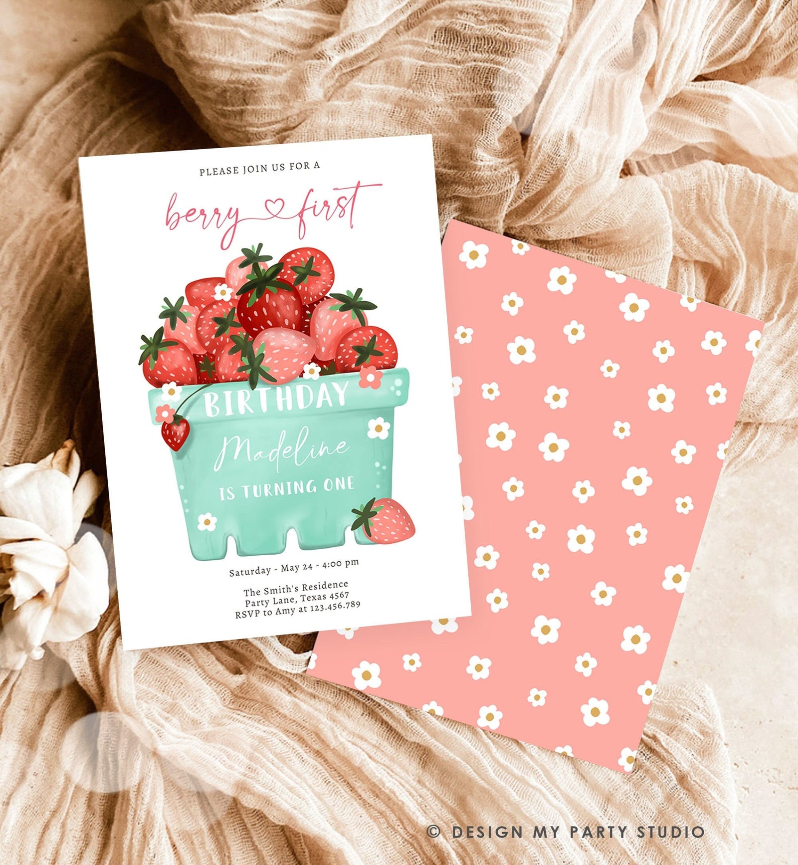 Editable Strawberry Birthday Invitation First Birthday Berry Sweet Girl Cute Strawberries 1st Digital Download Evite Template Printable 0506