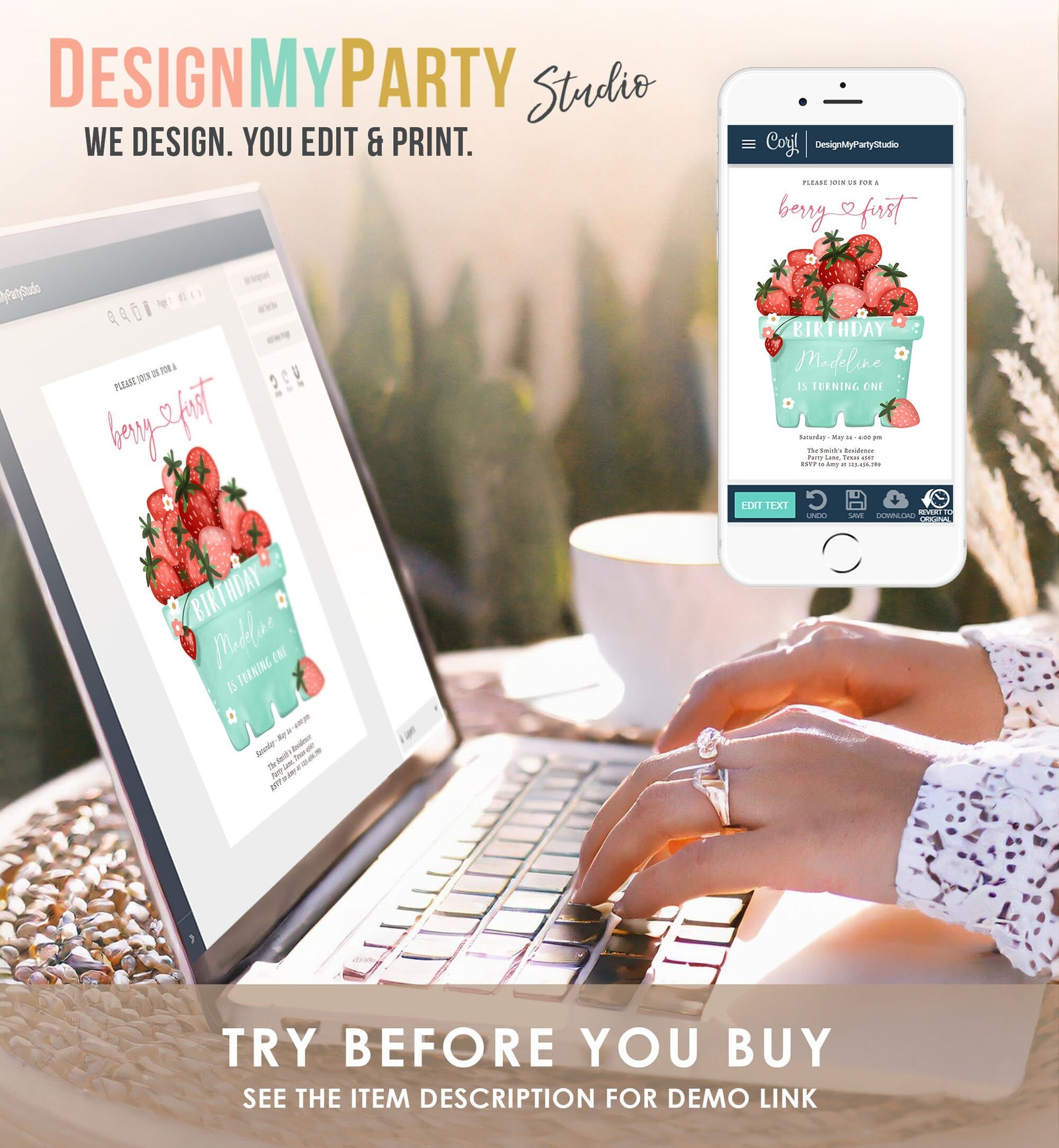 Editable Strawberry Birthday Invitation First Birthday Berry Sweet Girl Cute Strawberries 1st Digital Download Template Printable 0506