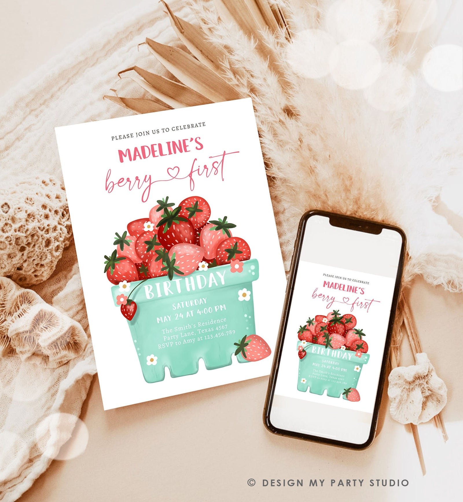 Editable Strawberry Birthday Invitation Berry First Berry Sweet Photo Strawberries 1 Digital Download Evite Template Printable 0506