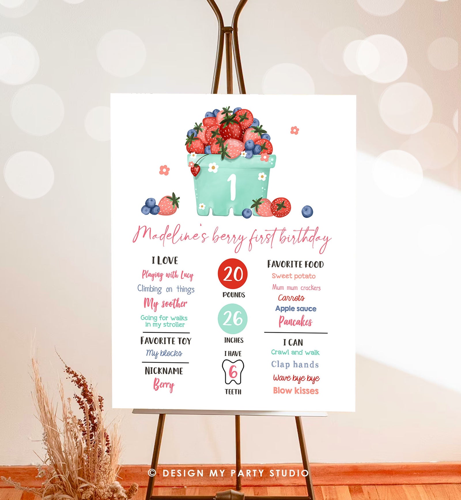 Editable Berry First Birthday Milestones Sign Strawberry Blueberry First Birthday Girl Farmers Market Download Template Printable Corjl 0506