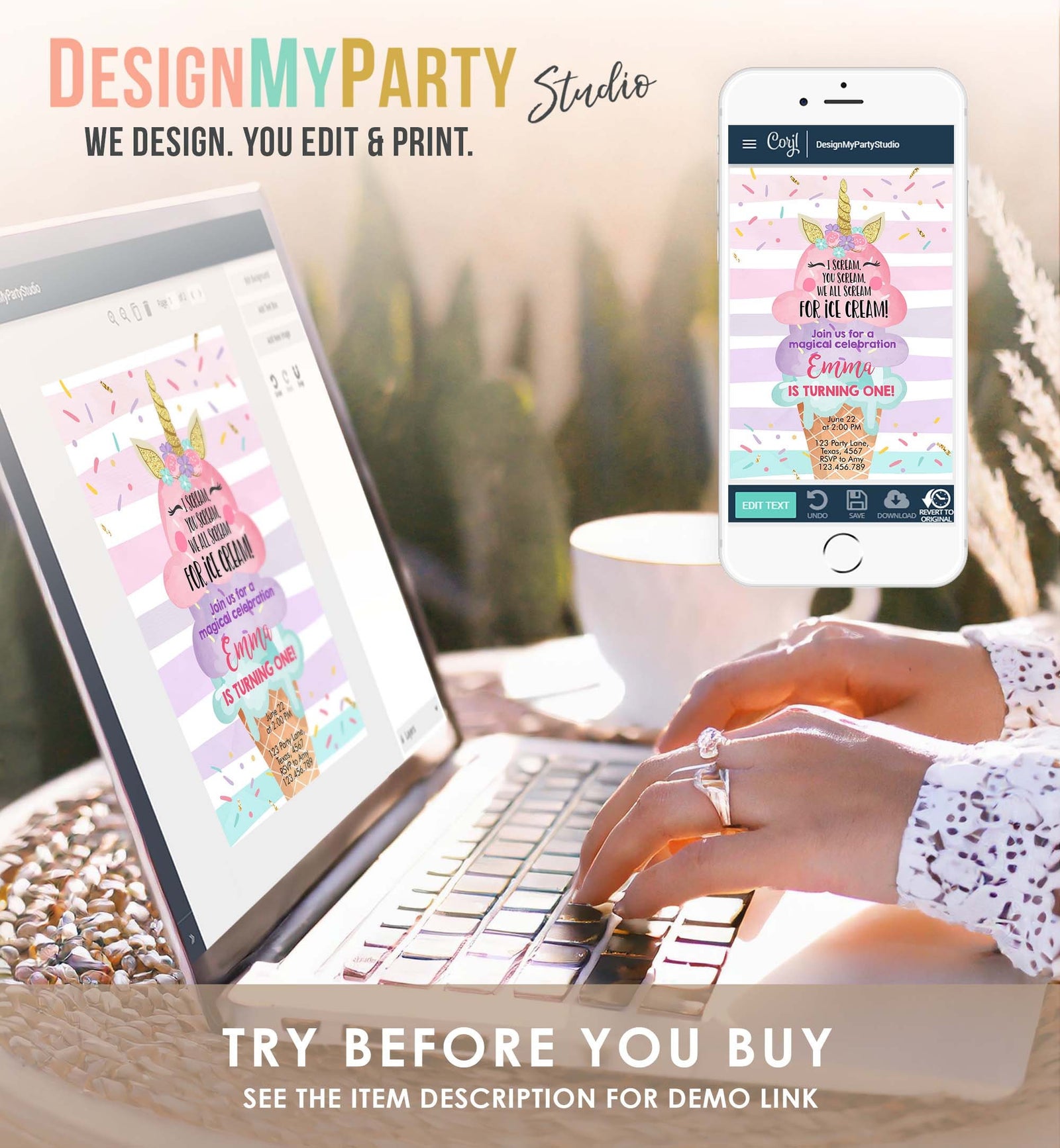 Editable Unicorn Ice Cream Birthday Invitation 1st Birthday Party Here's the Scoop Cone Rainbow Magical First Printable Template Corjl 0243