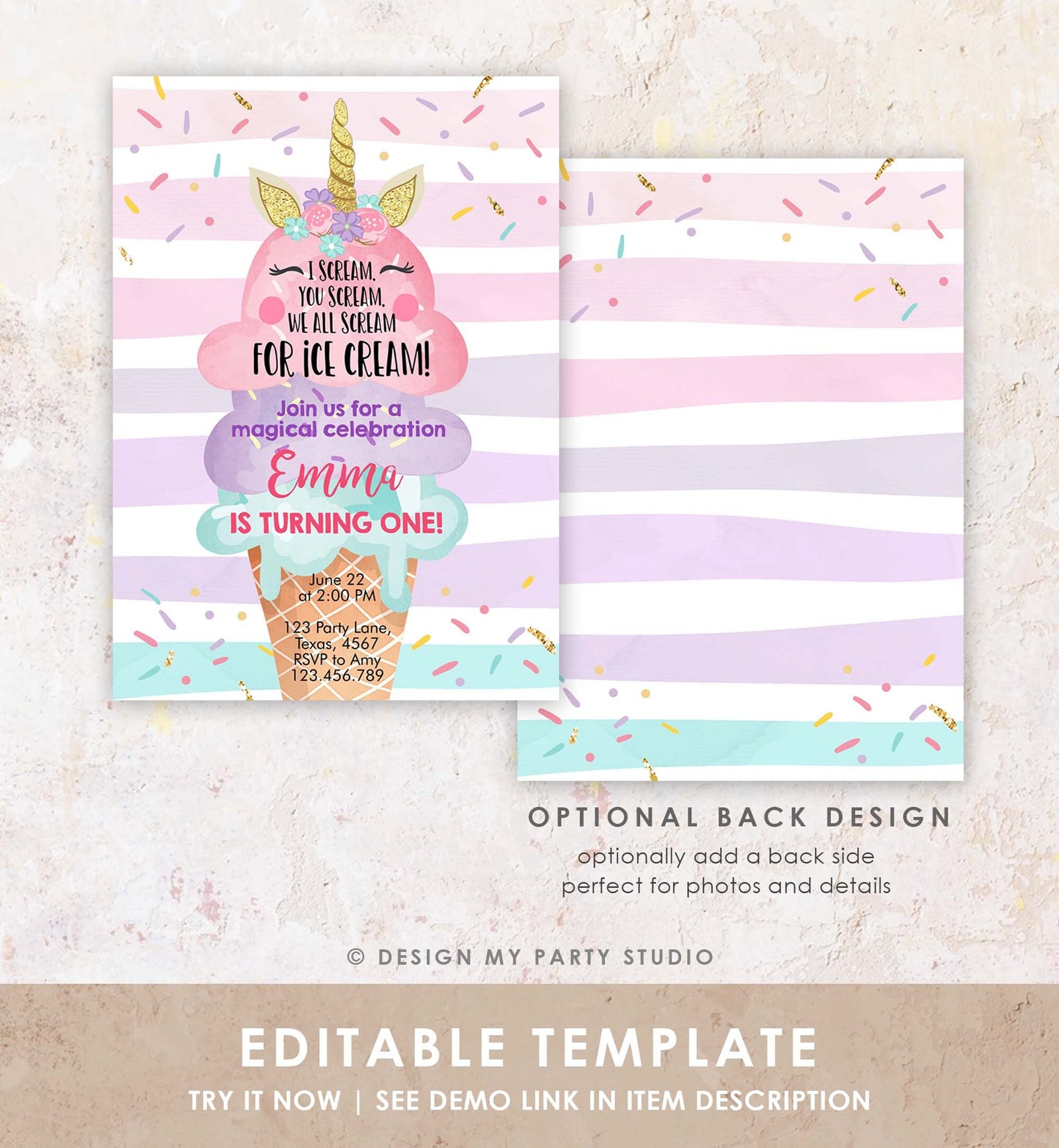 Editable Unicorn Ice Cream Birthday Invitation 1st Birthday Party Here's the Scoop Cone Rainbow Magical First Printable Template Corjl 0243