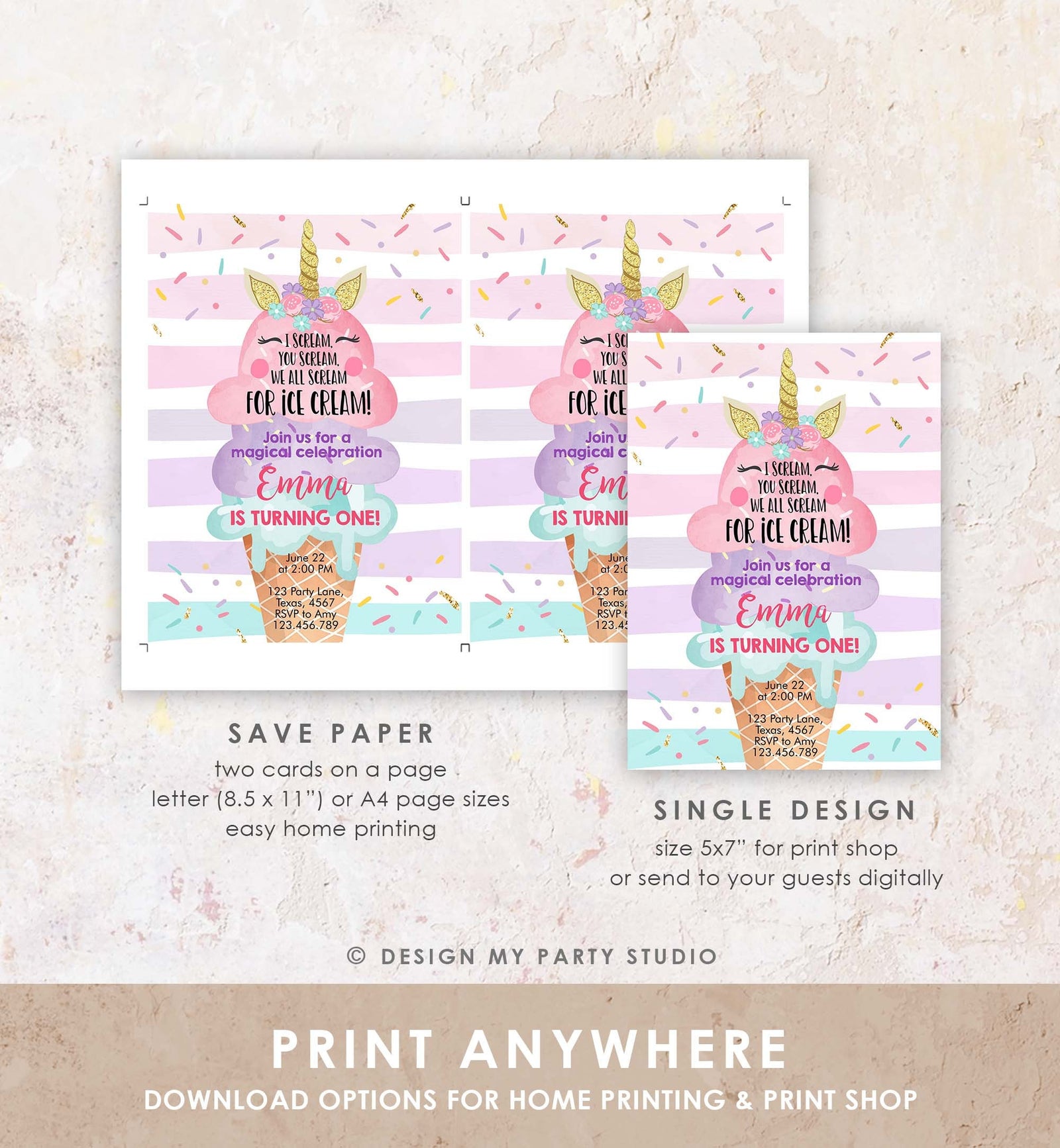 Editable Unicorn Ice Cream Birthday Invitation 1st Birthday Party Here's the Scoop Cone Rainbow Magical First Printable Template Corjl 0243