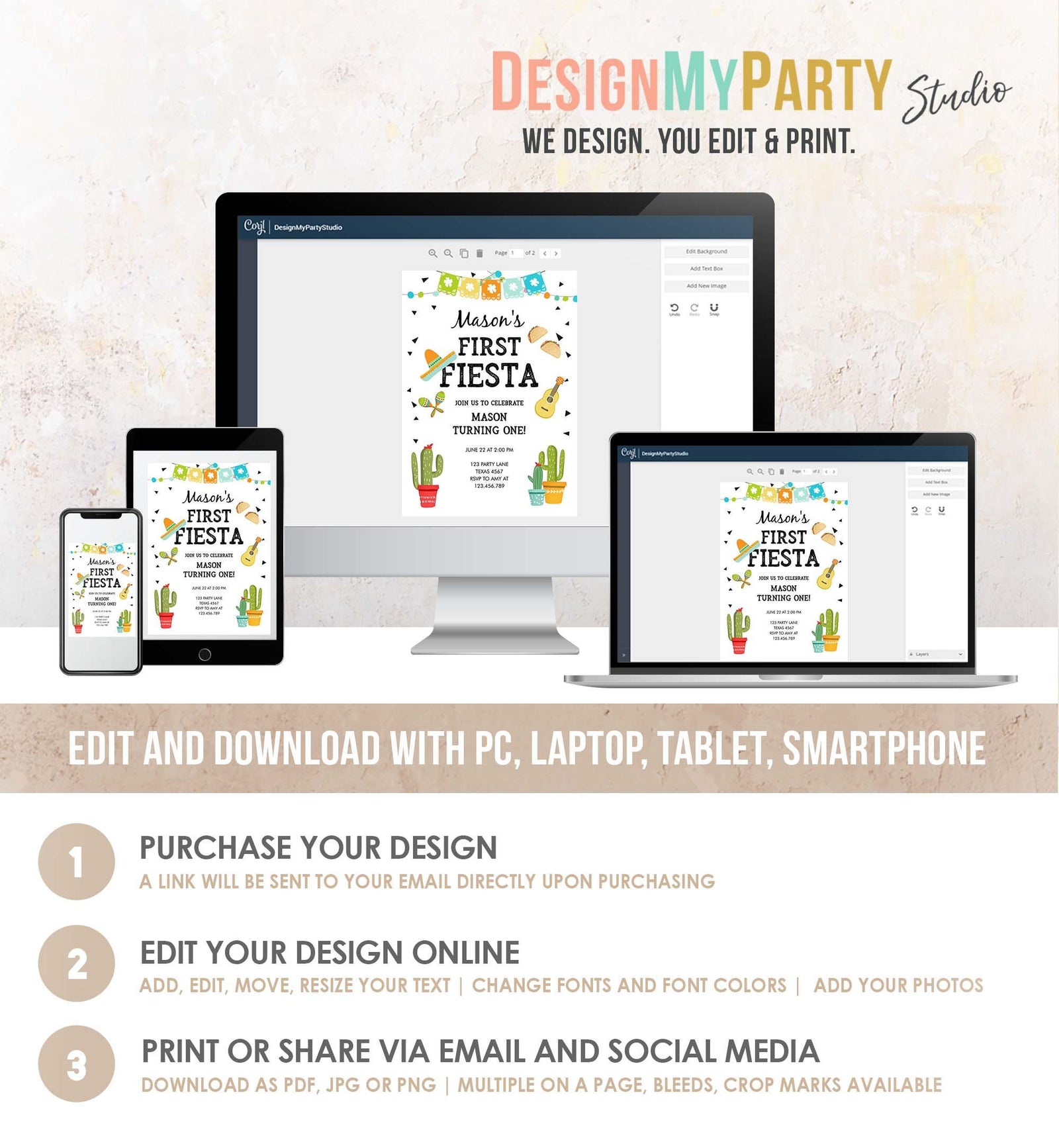 Editable First Fiesta Birthday Invitation Boy 1st Fiesta Taco Sombrero Blue Party Mexican Digital Download Evite Template Printable0161