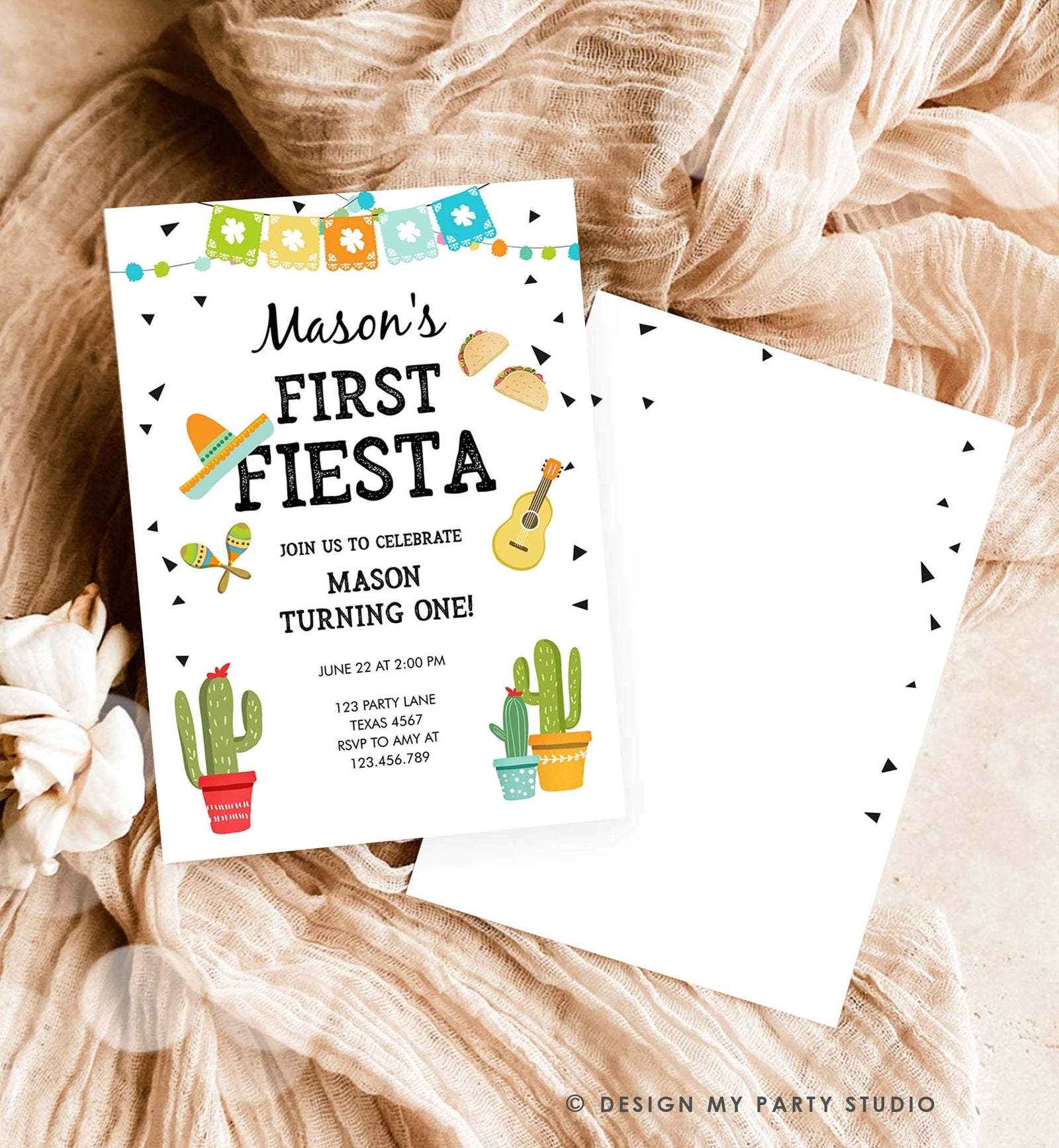 Editable First Fiesta Birthday Invitation Boy 1st Fiesta Taco Sombrero Blue Party Mexican Digital Download Evite Template Printable0161