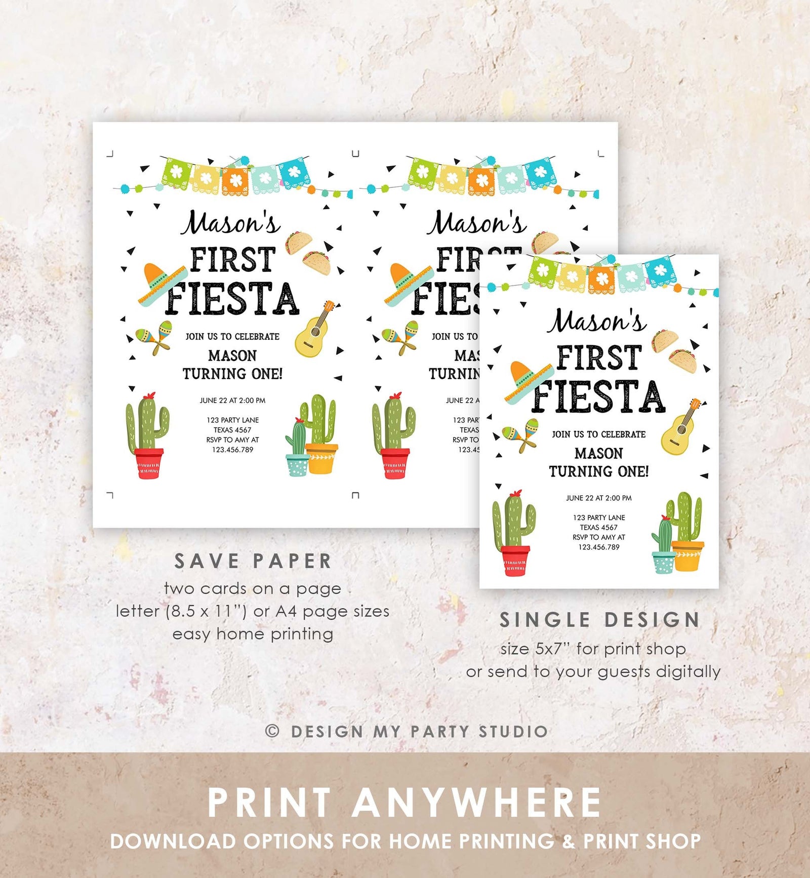Editable First Fiesta Birthday Invitation Boy 1st Fiesta Taco Sombrero Blue Party Mexican Digital Download Evite Template Printable0161