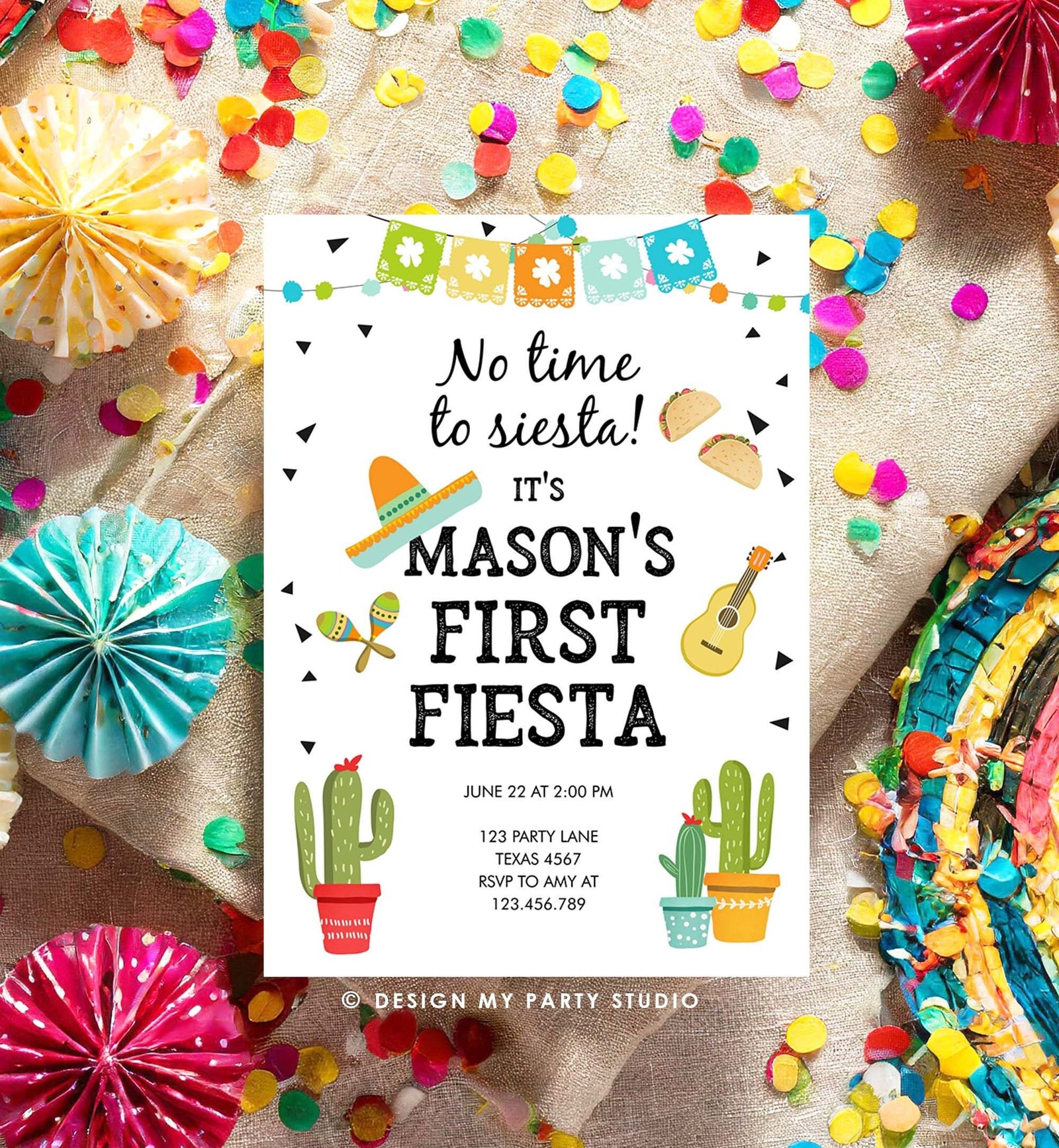 Editable First Fiesta Birthday Invitation Boy 1st Fiesta Taco Sombrero No Time to Siesta Download Printable Invitation Template Corjl 0161