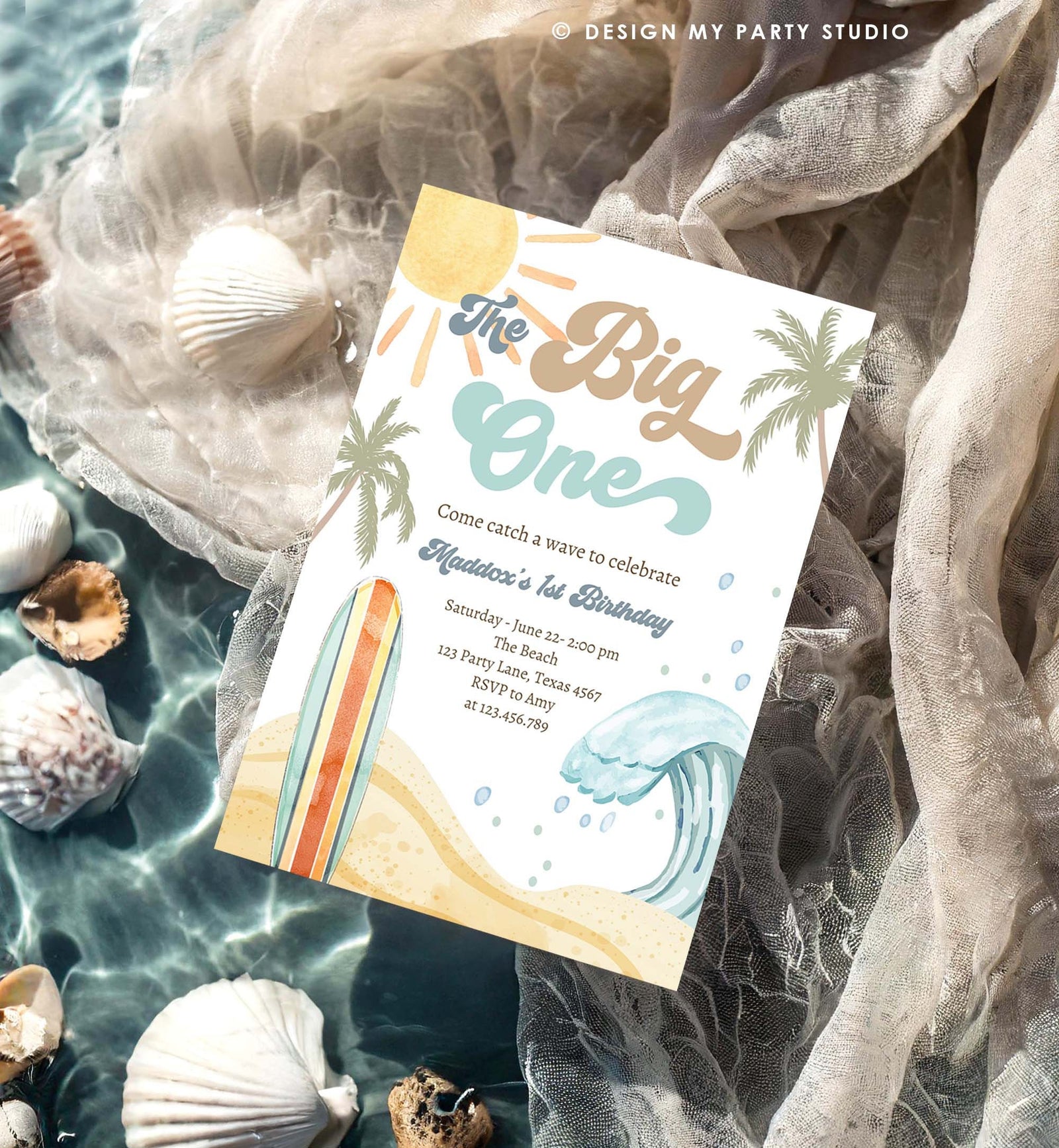 Editable The Big One Surf 1st Birthday Invitation Retro Surfboard Beach Party Wave Surfer Boho Digital Download Template Printable 0433