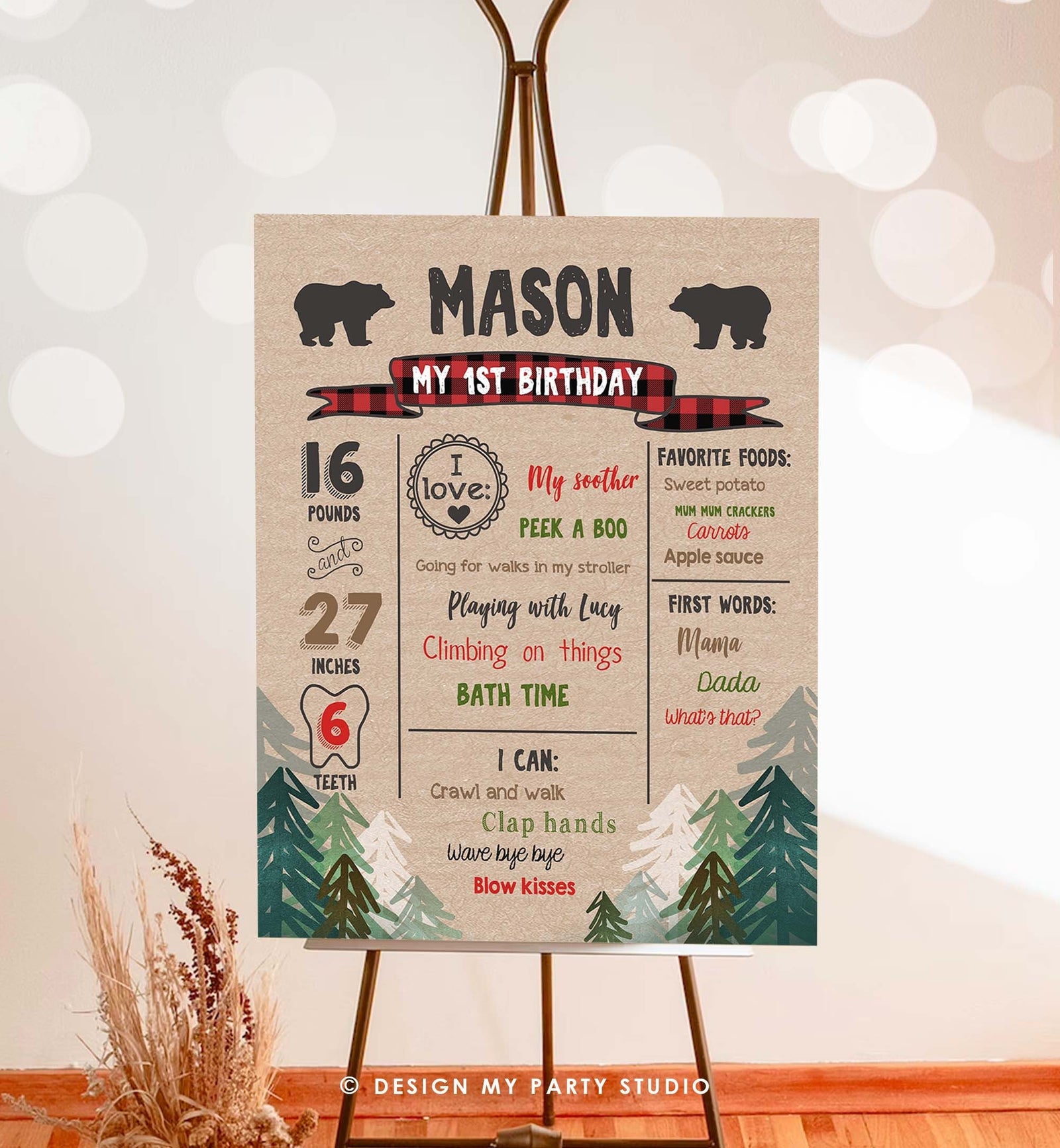 Editable Lumberjack Birthday Milestones Sign Pine Tree Poster Infographic Buffalo Plaid 1st Birthday Bear Digital Template Printable 0026