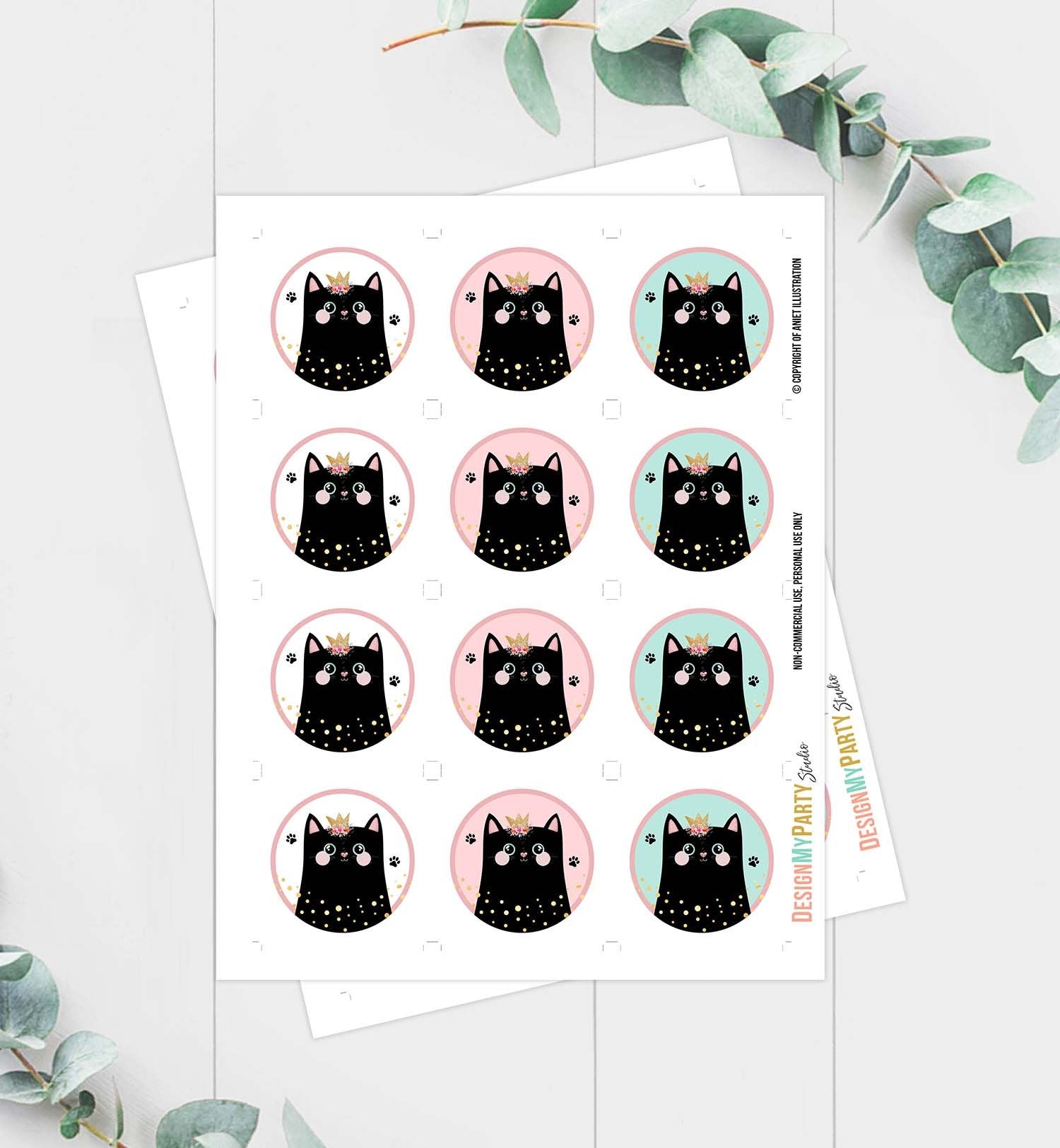 Kitten Birthday Cupcake Toppers Kitty Cat Birthday Favor Tags Girl Pink Favors Stickers Kitten Party Cute Digital Download Printable 0381