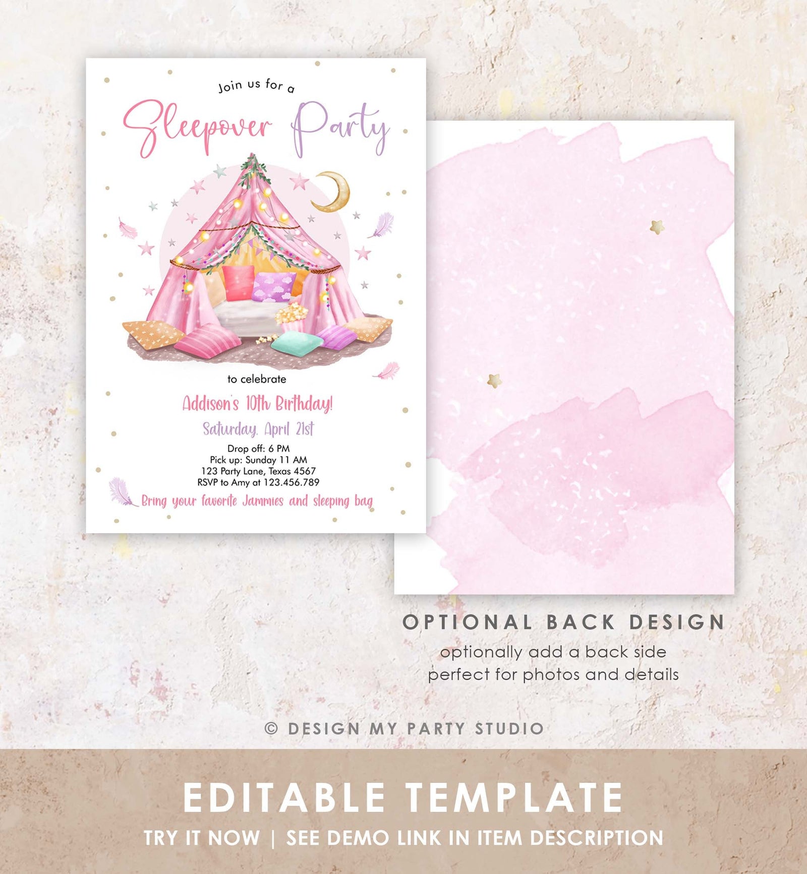 Editable Slumber Party Birthday Invitation Sleepover Birthday Invite Pink Spa Tween Teen Glamping Download Printable Template Corjl 0499