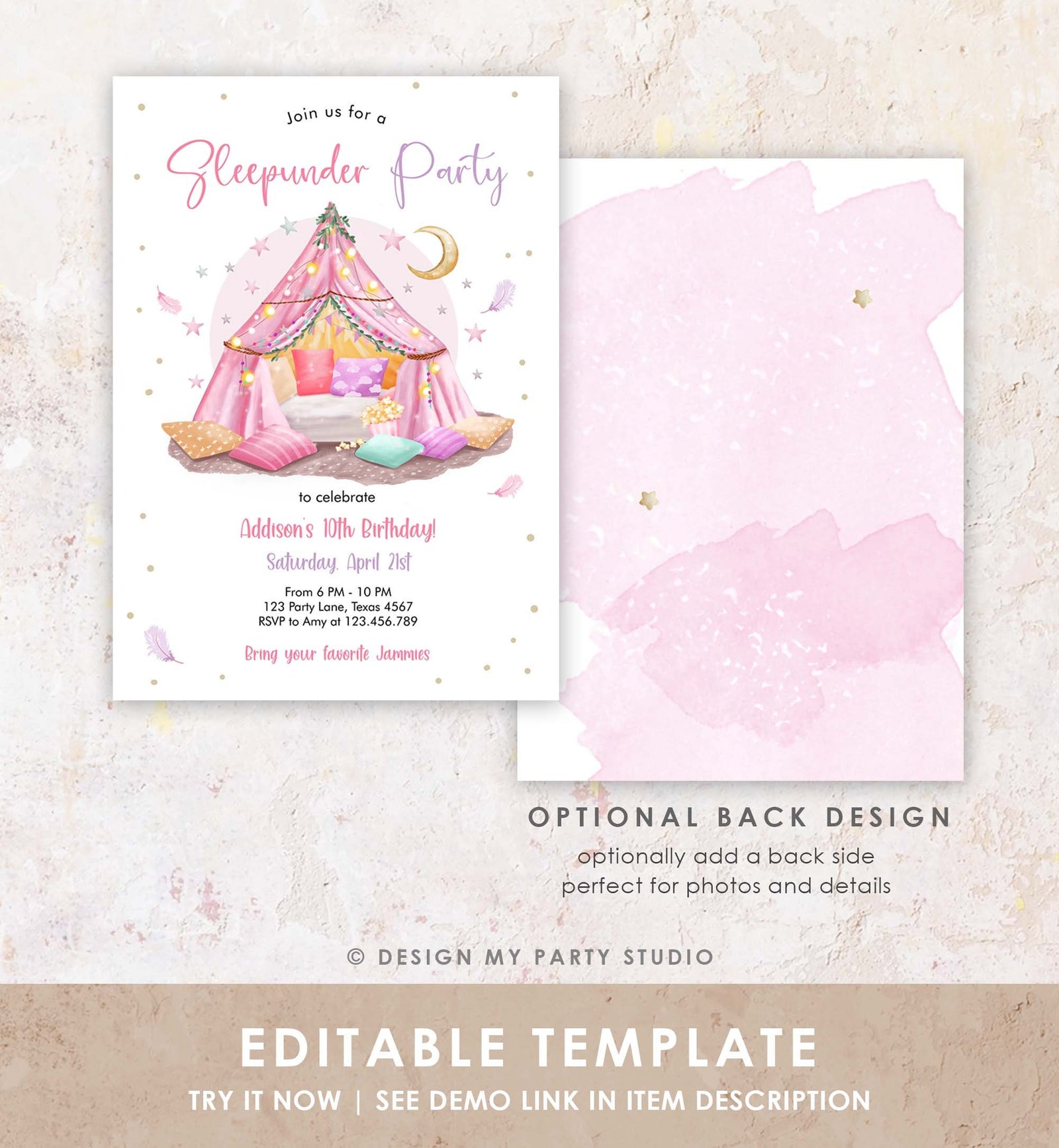 Editable Sleepunder Party Birthday Invitation Slumber Party Invite Pink Spa Tween Teen Glamping Movie Download Printable Template Corjl 0499