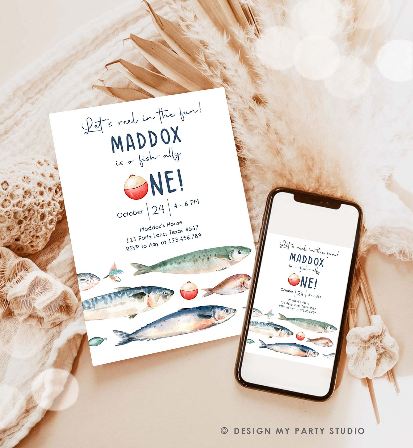 Editable Fishing Birthday Invitation Fishing Party O-Fish-Ally The Big One Gone Fishing Blue Boy Download Printable Template Corjl 0454