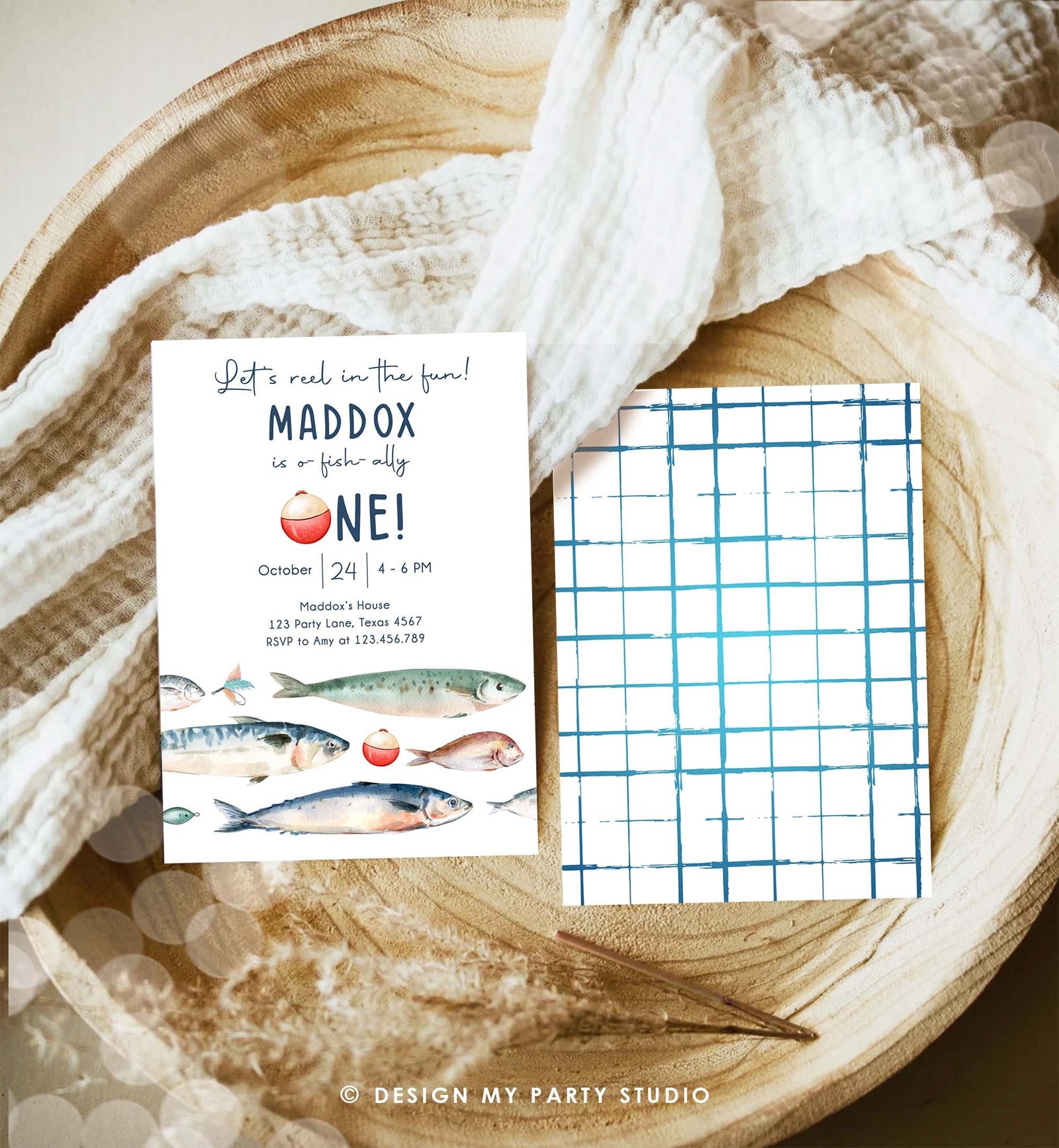 Editable Fishing Birthday Invitation Fishing Party O-Fish-Ally The Big One Gone Fishing Blue Boy Download Printable Template Corjl 0454