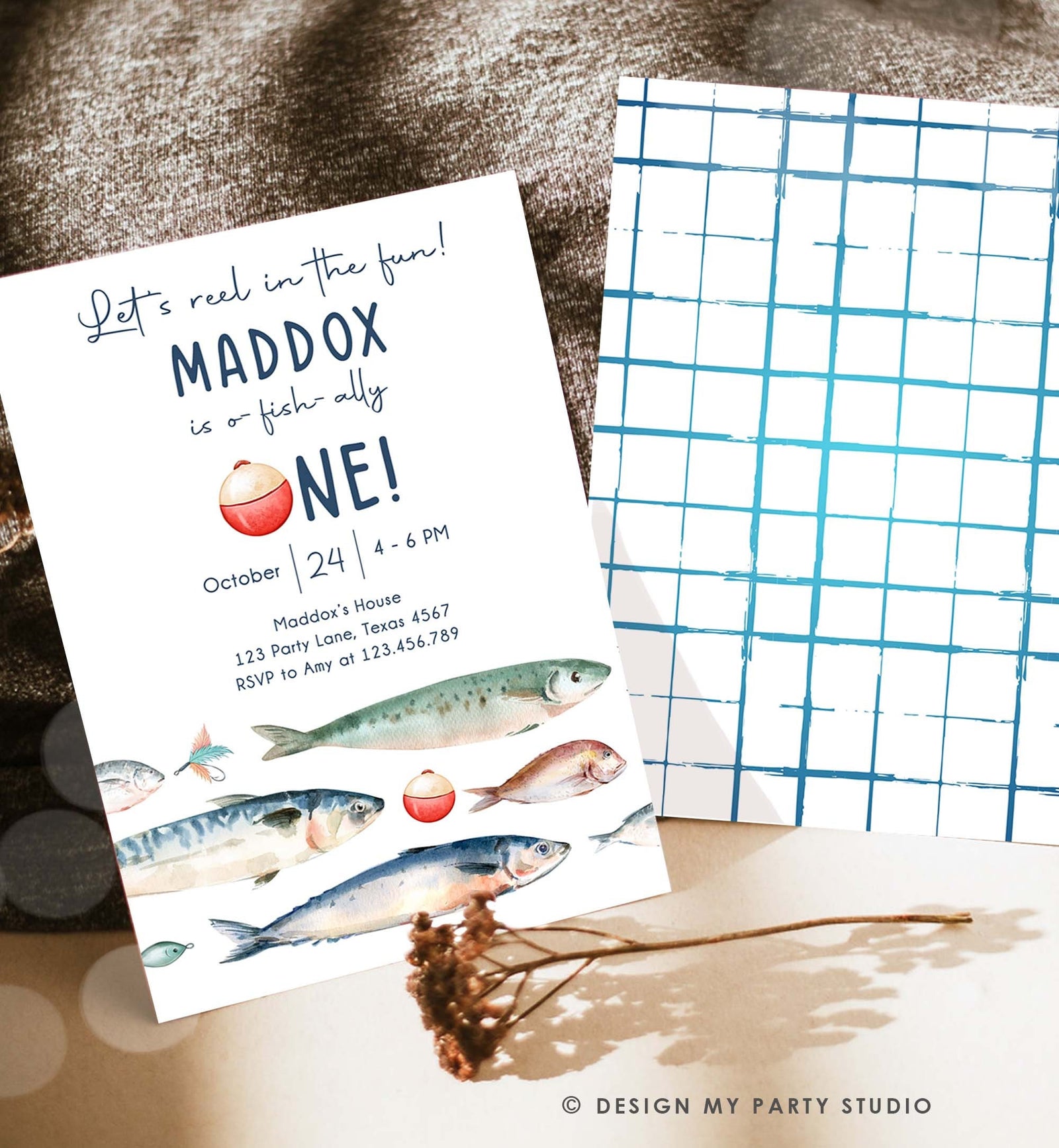 Editable Fishing Birthday Invitation Fishing Party O-Fish-Ally The Big One Gone Fishing Blue Boy Download Printable Template Corjl 0454