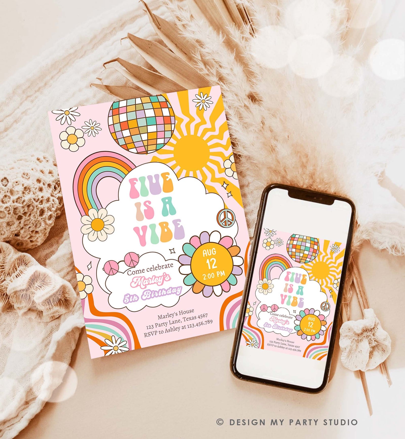 Editable Five Is A Vibe Groovy Birthday Invitation 5th Birthday Retro Rainbow Peace Love Party Pink Download Template Corjl Digital 0538