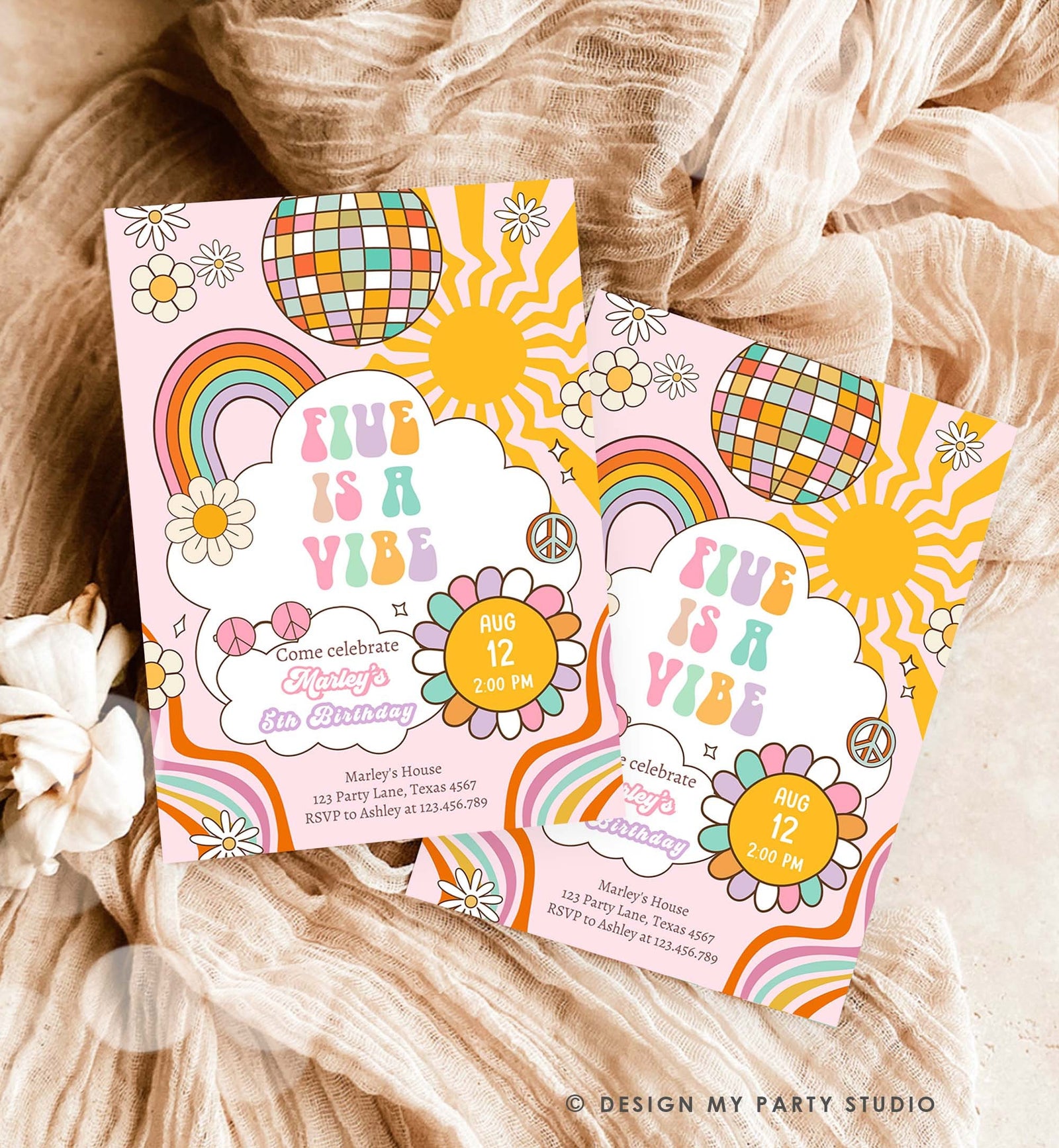 Editable Five Is A Vibe Groovy Birthday Invitation 5th Birthday Retro Rainbow Peace Love Party Pink Download Template Corjl Digital 0538