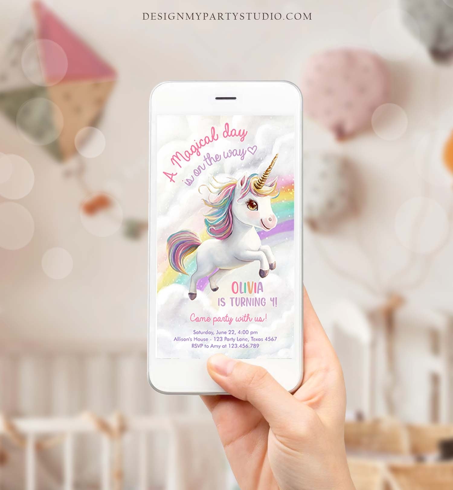 Editable Unicorn Birthday Evite Magical Party Invite Girl Pink Pastel First Digital Unicorn Party Rainbow Phone Digital Template 0503